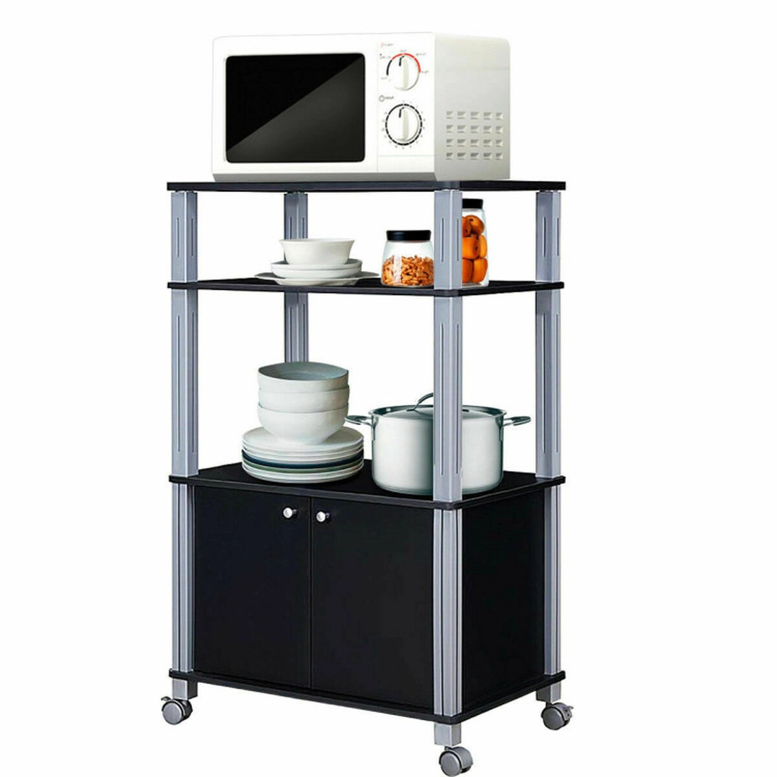 SUGIFT Black Rolling Microwave Cart with 2-Door Cabinet 3 Open Shelves and Locking Casters for Kitchen