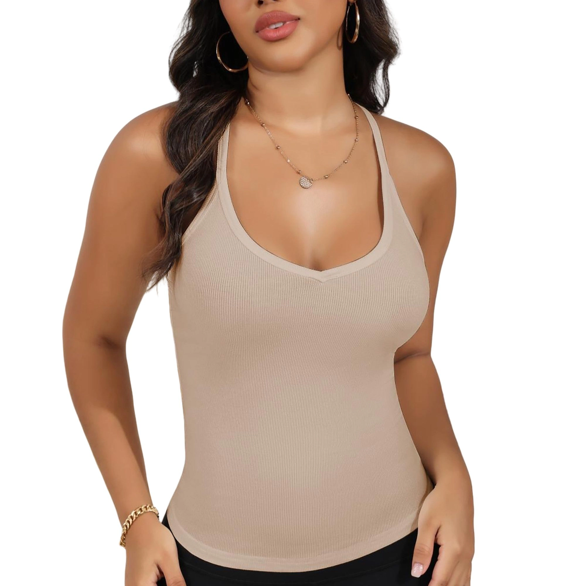 Anna-Kaci Women's Ribbed Knit Deep V Neck Tank Top with Seamless Design