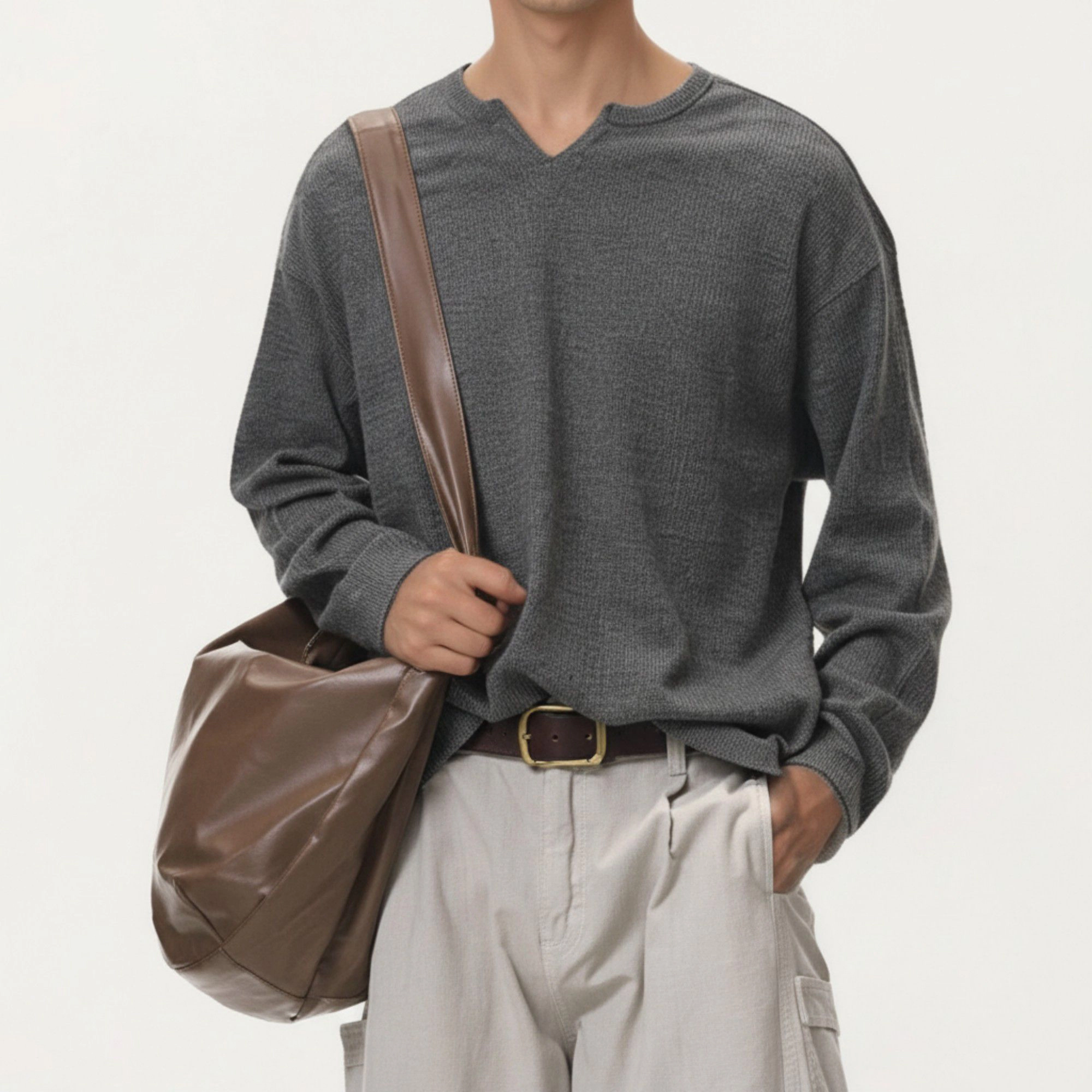 Anna-Kaci Men's Long Sleeve Pullover Top with Layered Notch Neckline and Relaxed Fit