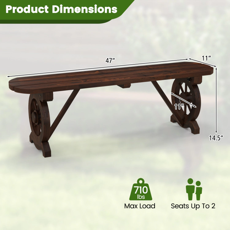 Hivvago Patio Rustic Wood Bench With Wagon Wheel Base