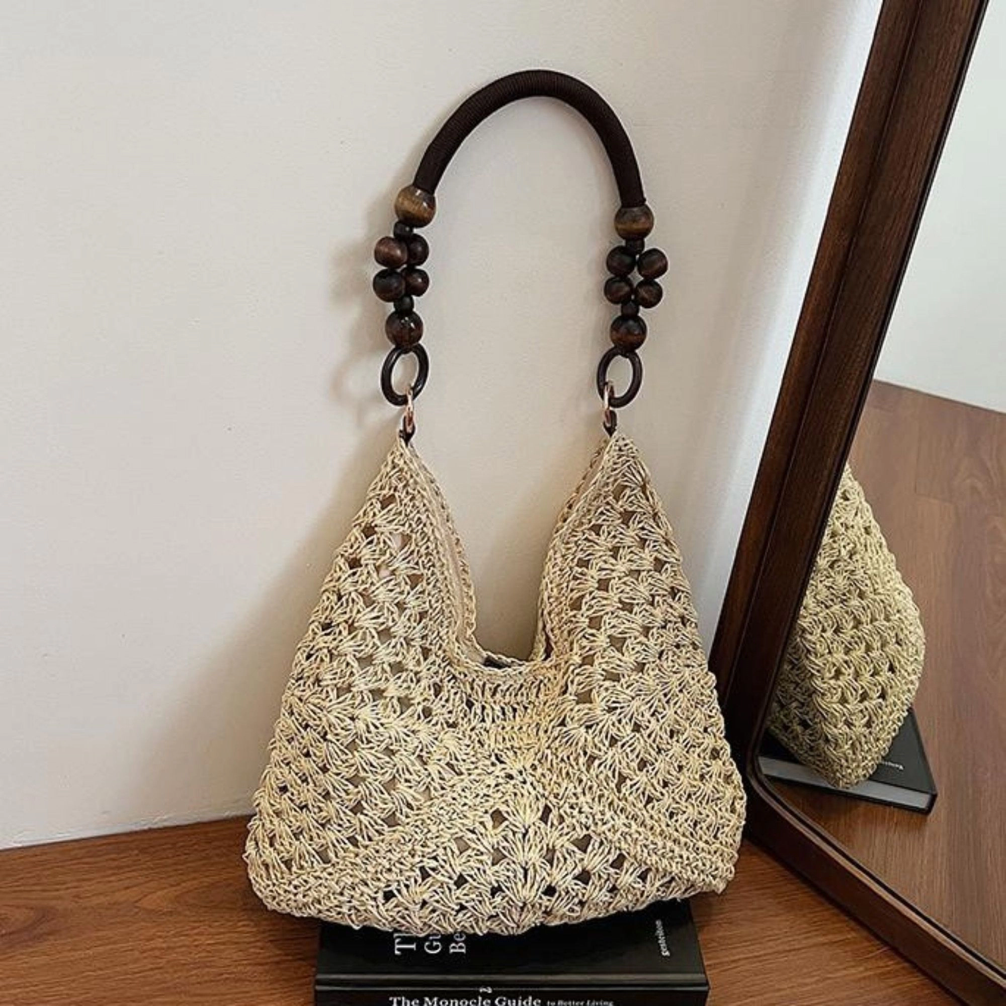 Alilang Women's Woven Straw Hobo Bag with Wooden Handle Bead Accents and Spacious Interior
