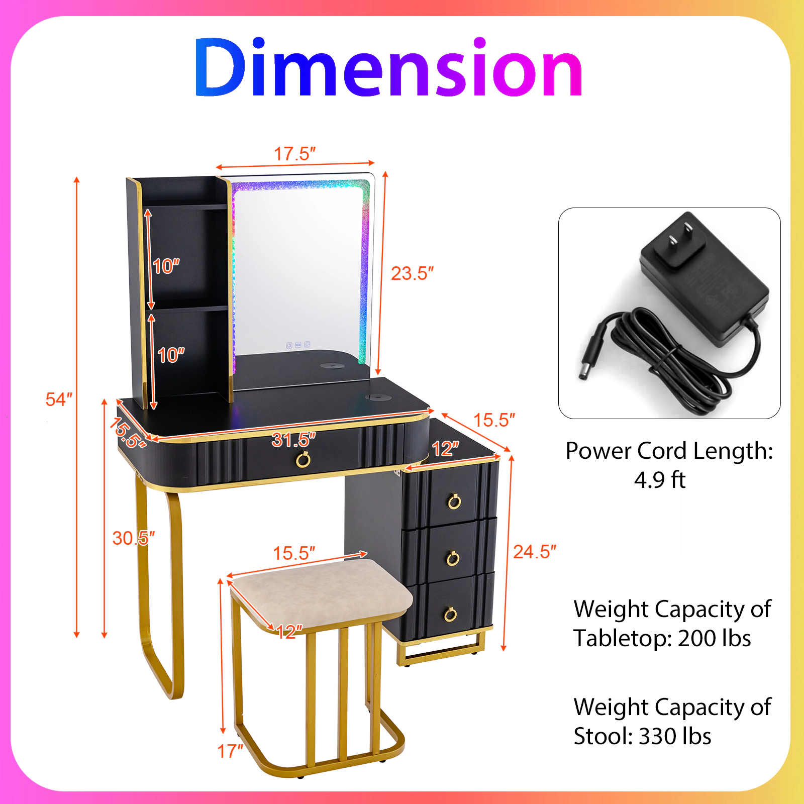 SUGIFT 2-Piece Black 54-Inch Vanity Desk Set with RGB Mirror Lights, Wireless Charging and Cushioned Stool