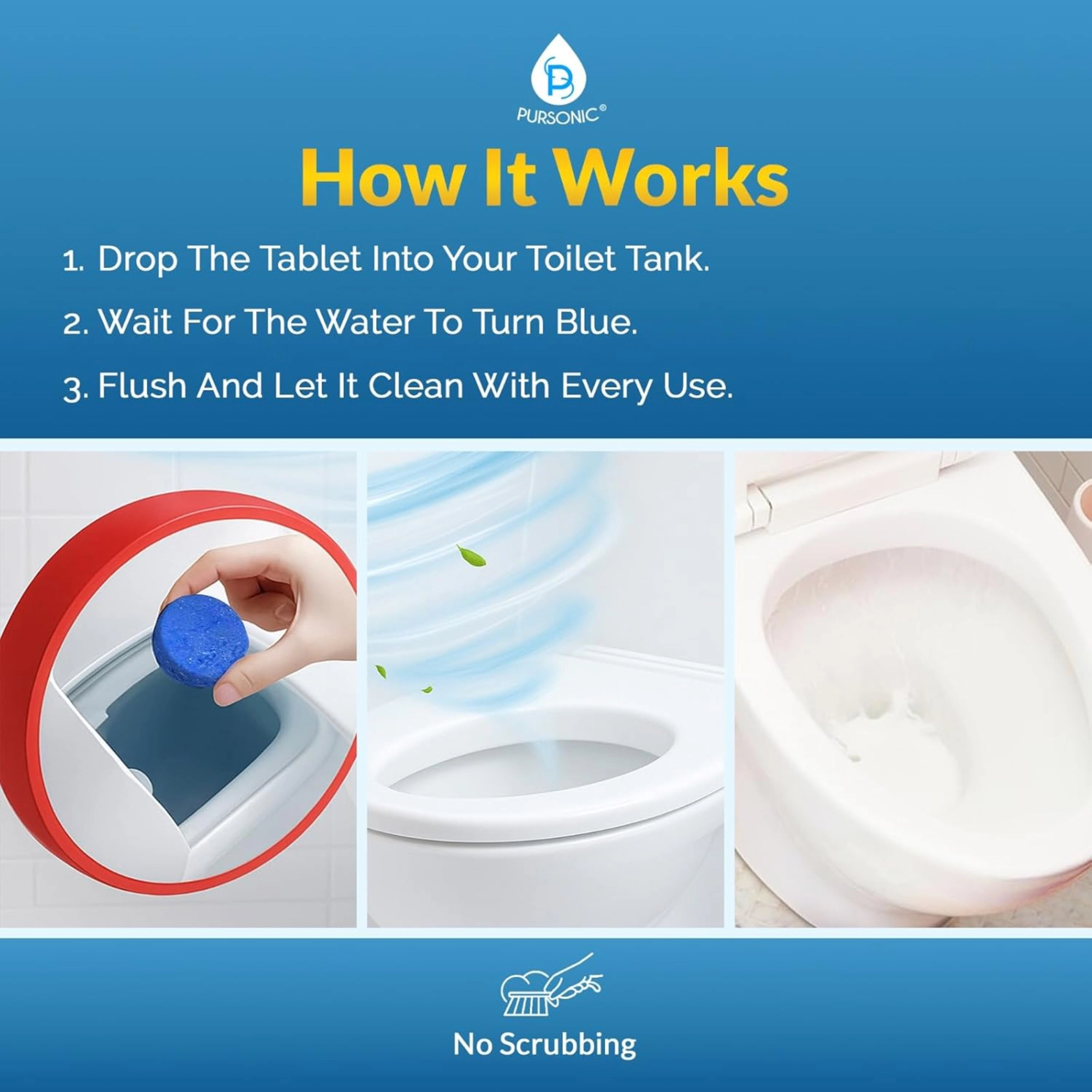 Pursonic Unisex Automatic Toilet Bowl Cleaner Deodorizing Blue Gel Tablets with Septic-Safe Hard Water Stain Remover