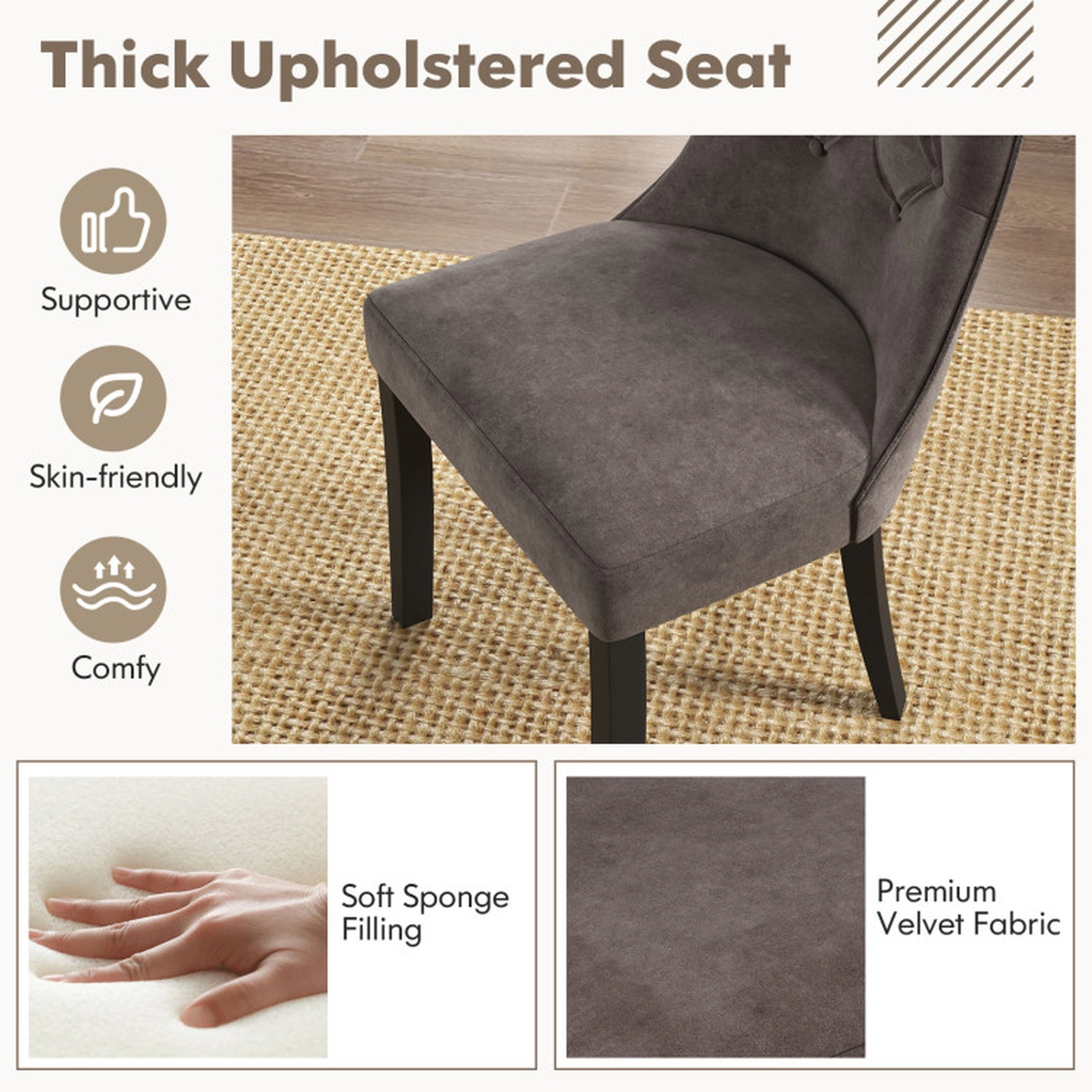 SUGIFT Set of 2 Velvet Tufted High Back Rubber Wood Dining Chairs 24-in x 20.5-in x 40-in 300-lb Capacity Light Gray