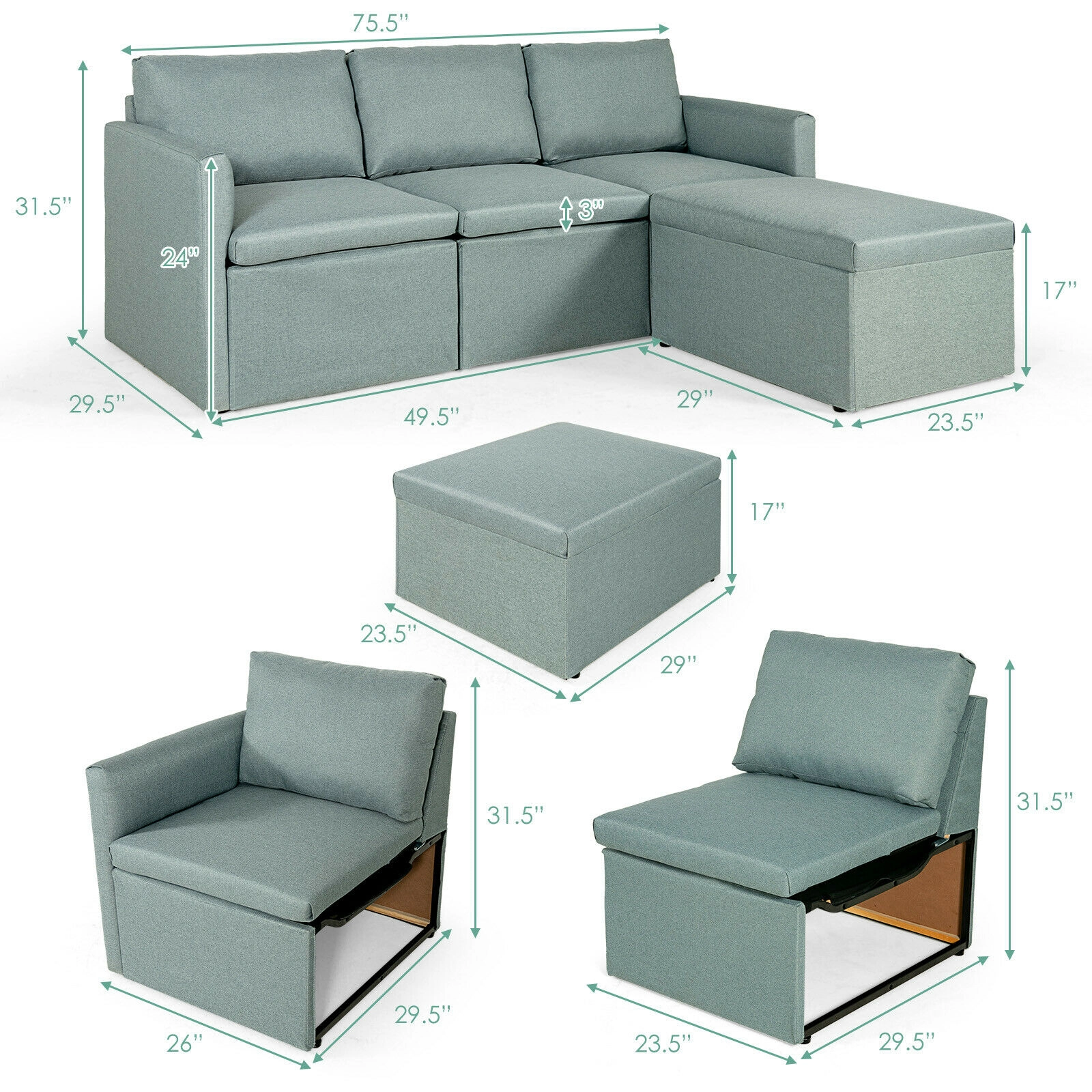 SUGIFT Green Linen Convertible L-Shaped Sectional Sofa with Reversible Chaise, 304 lb Capacity