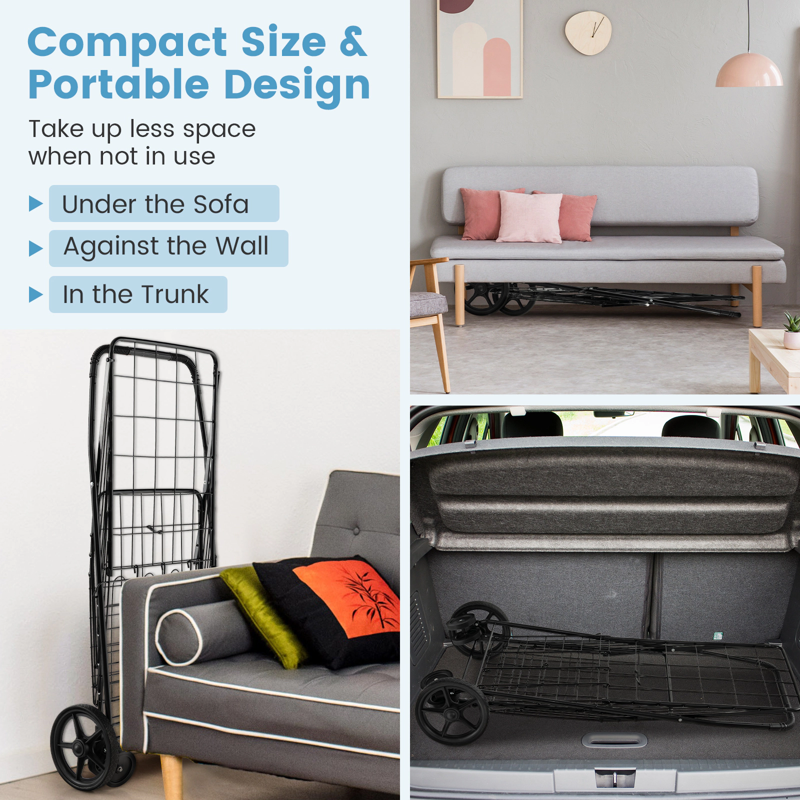 SUGIFT Folding Shopping Cart for Laundry & Groceries with Swiveling Wheels & Dual Storage Baskets 88-lb Capacity Black