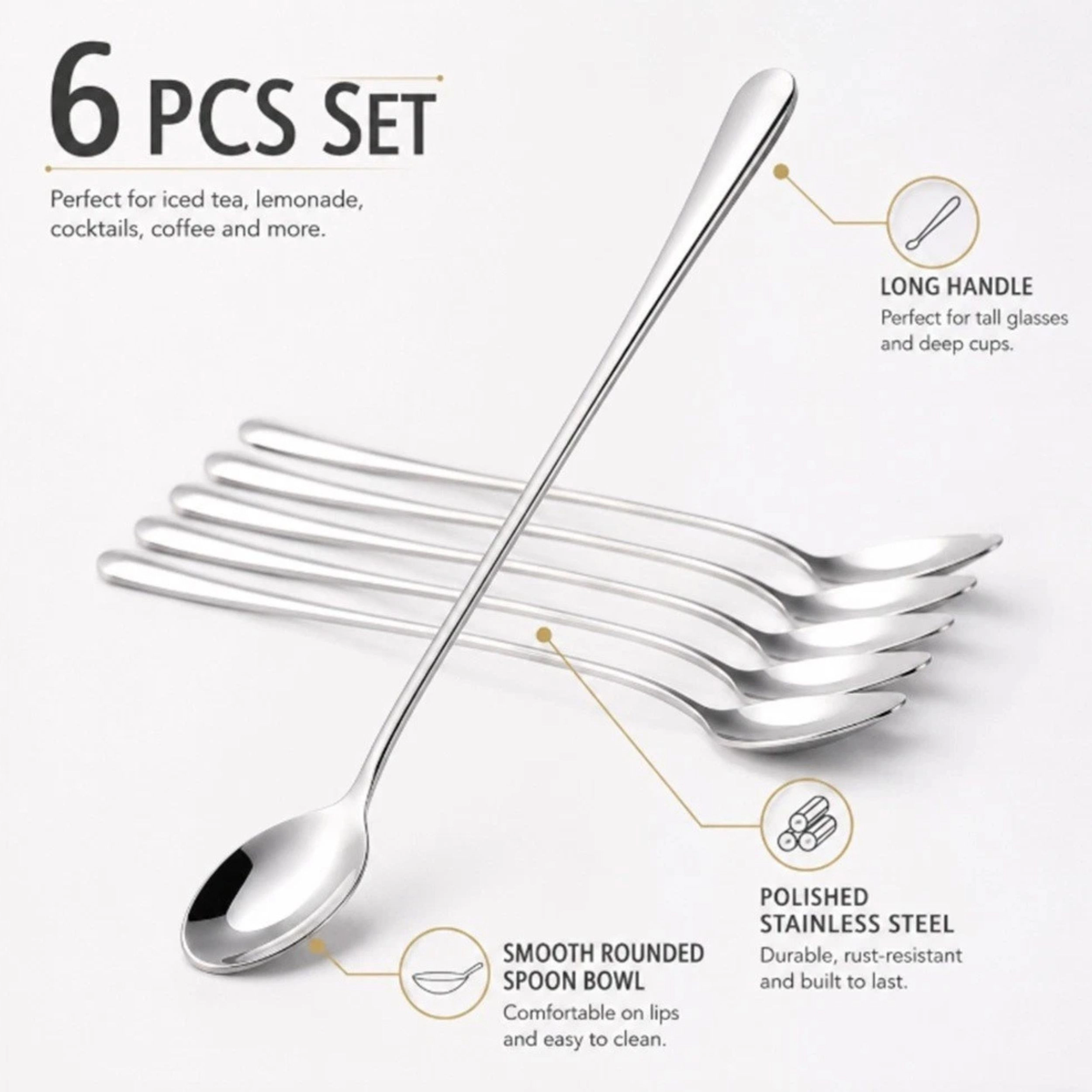 Home Collection Pack of 6, 7.5-Inch Stainless Steel Long Handle Mixing Spoons