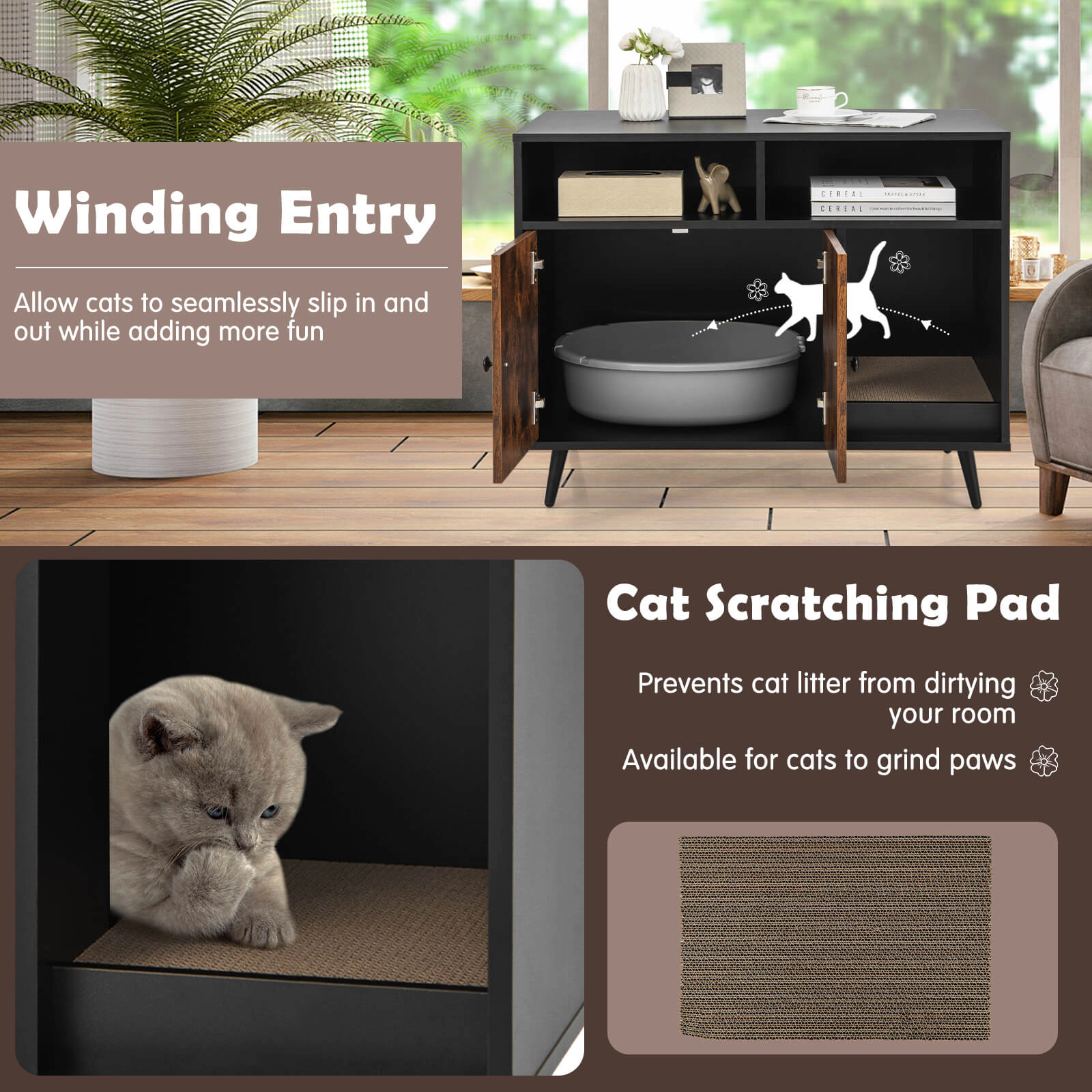 SUGIFT Black Cat Litter Box Enclosure with 2 Open Compartments 35-in W 19.5-in D 27.5-in H 66-lb Cabinet Capacity