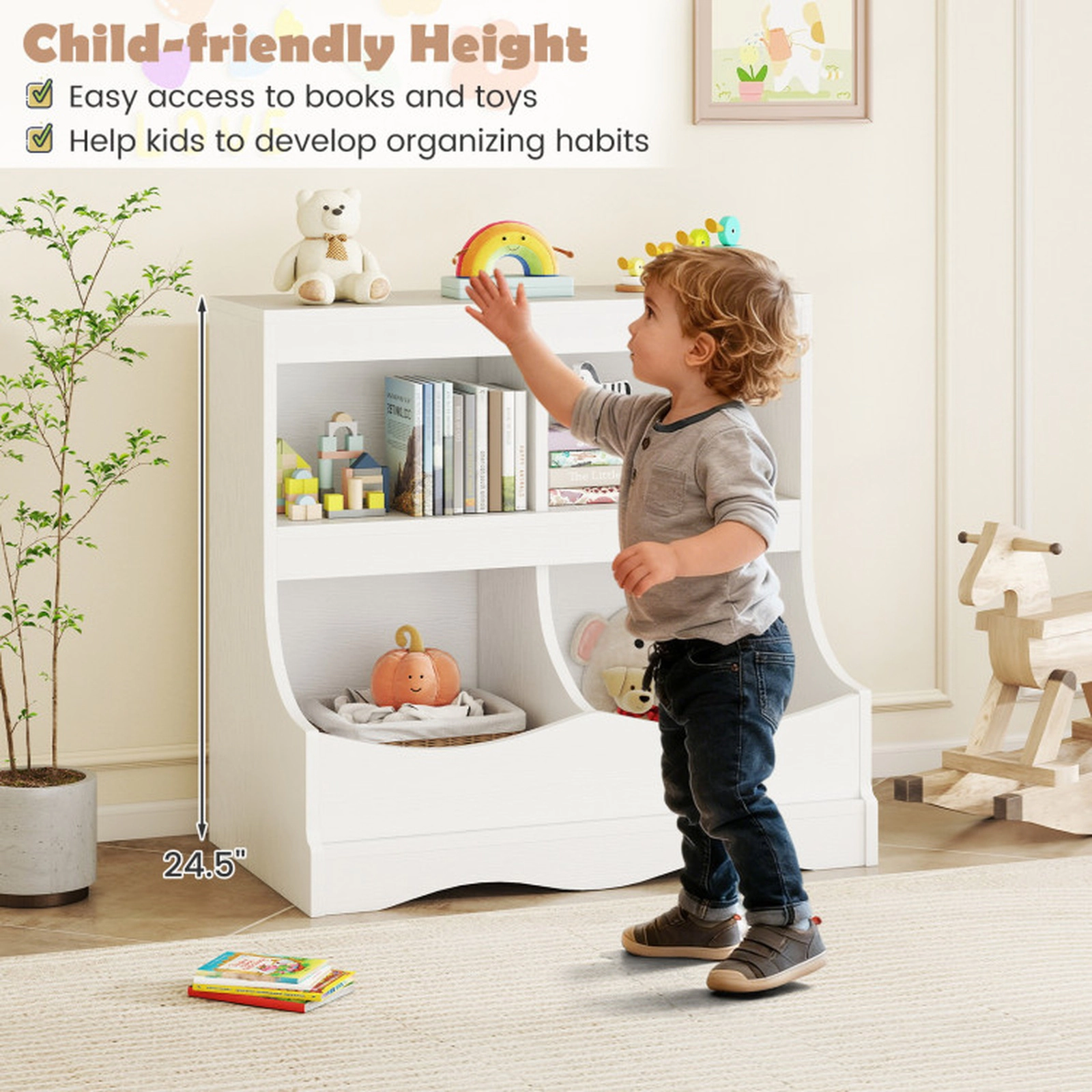 SUGIFT Kids 4-Cubby Rounded Corners Spacious Top Shelf Wooden Storage Bookcase 26.5-in x 16-in x 24.5-in 132-lb White