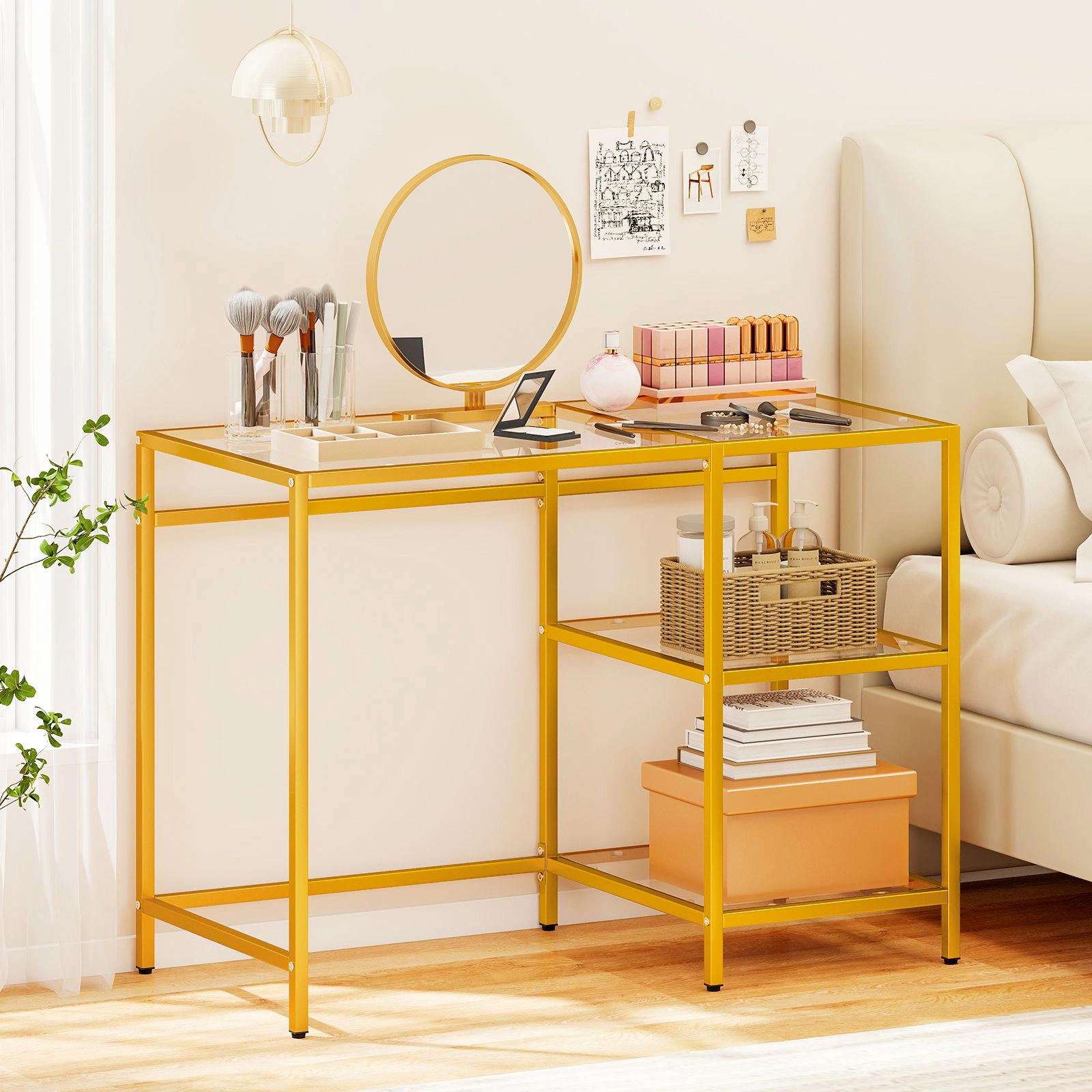 SlickBlue 42 Inch Glass Console Table with 2 Tier Storage Shelves