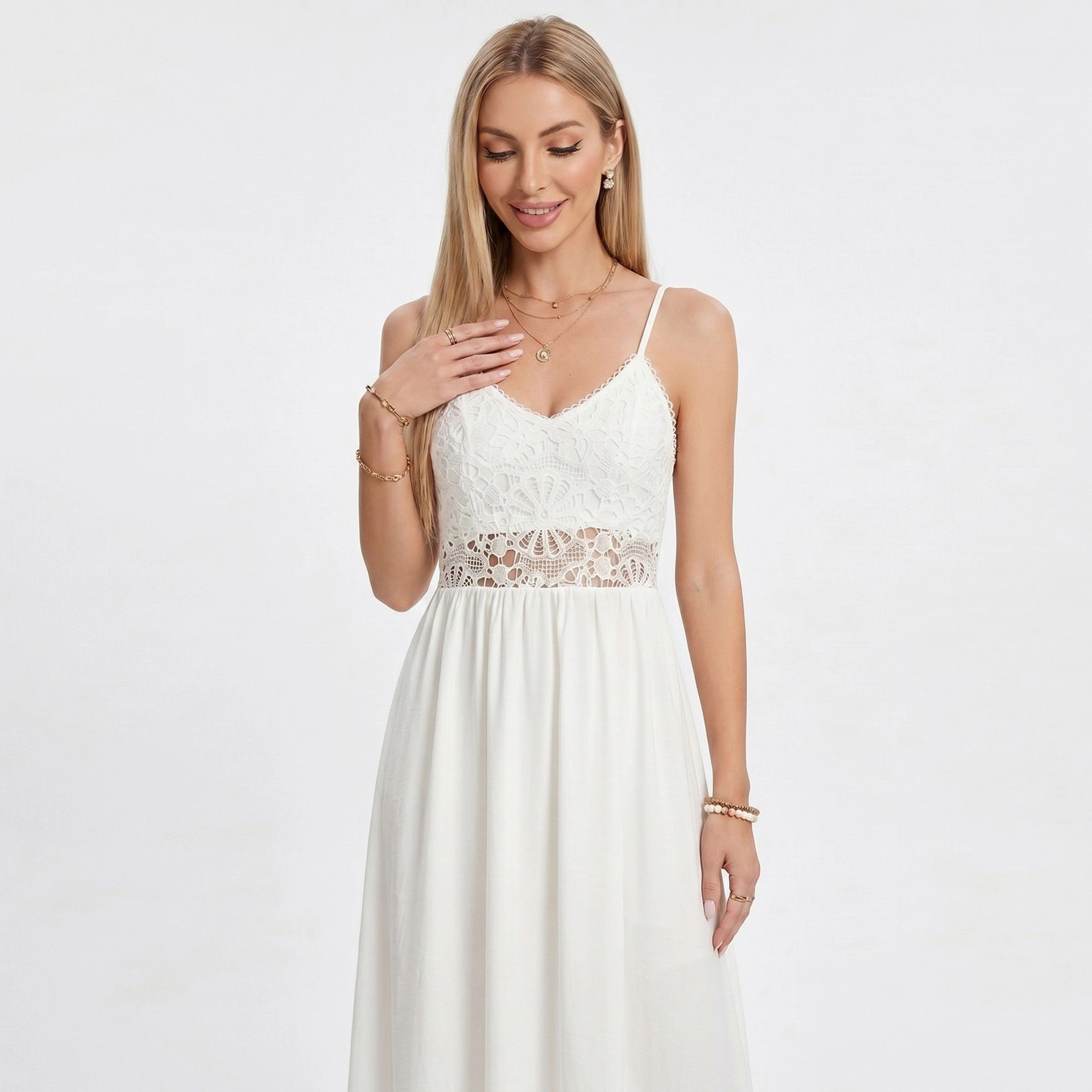 Anna-Kaci Women's Lace Bodice Spaghetti Straps Maxi Dress