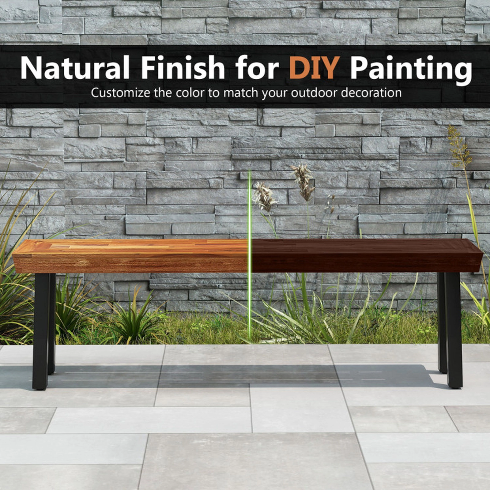 SUGIFT Backless Outdoor Garden Bench with Metal Frame 800-lb Capacity for 2-3 People Brown