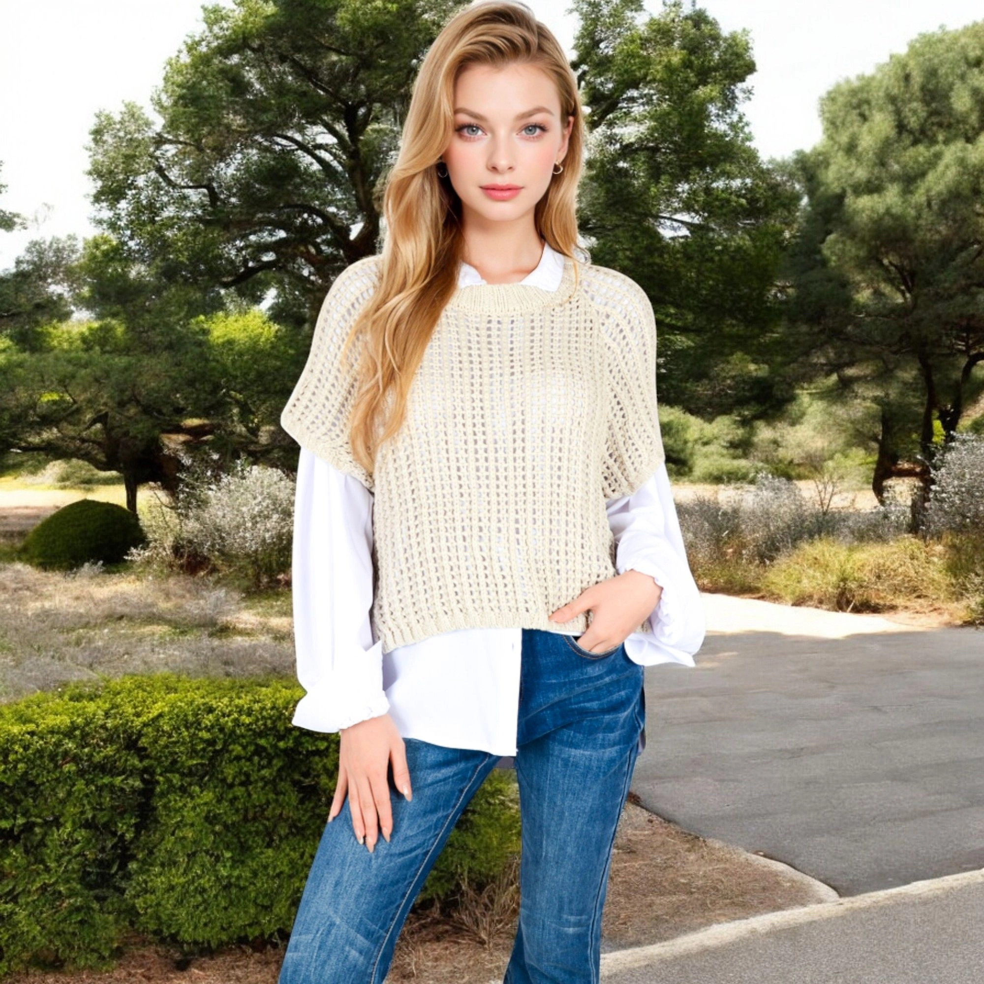 Anna-Kaci Women's Open Knit Pullover Sweater Vest with Cap Sleeves