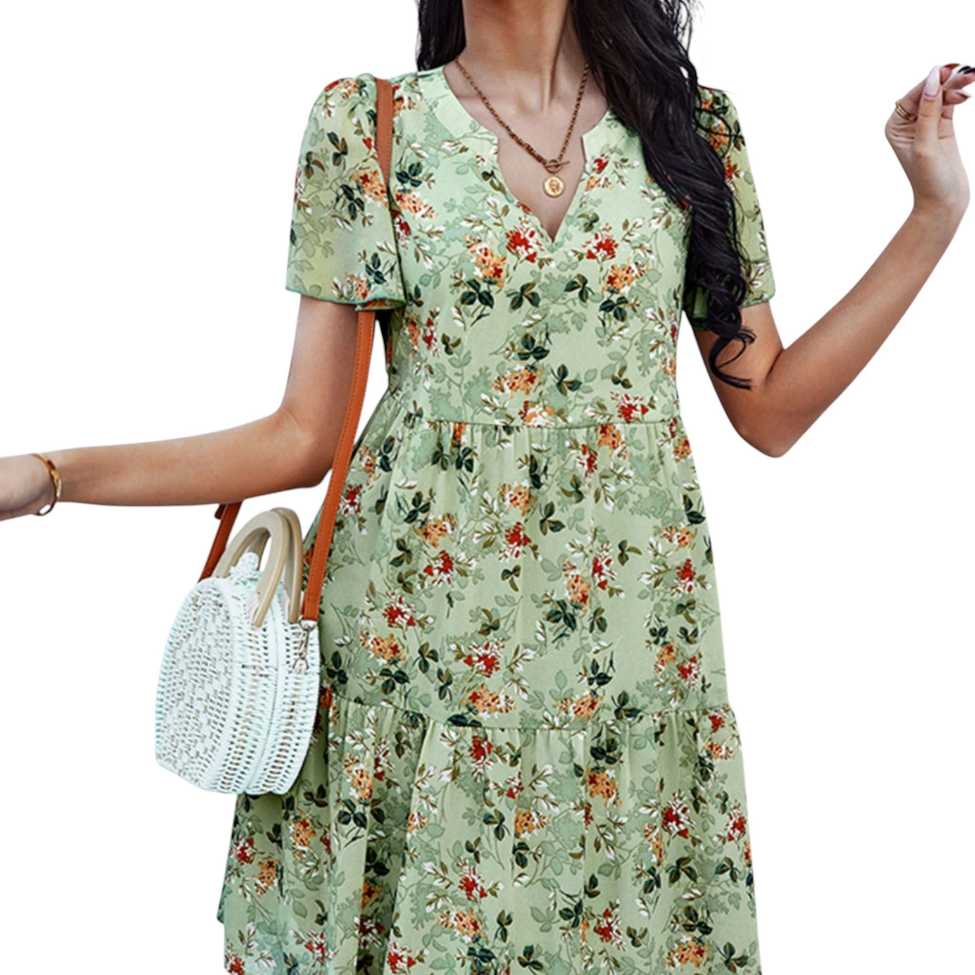 Anna-Kaci Women's Short Sleeve V-Neck Tiered Floral Print Mini Dress