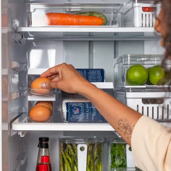 OU Egg Holder for Fridge, BPA Free Rolling Egg Organizer, Clear Stackable Refrigerator Storage Container for Kitchen