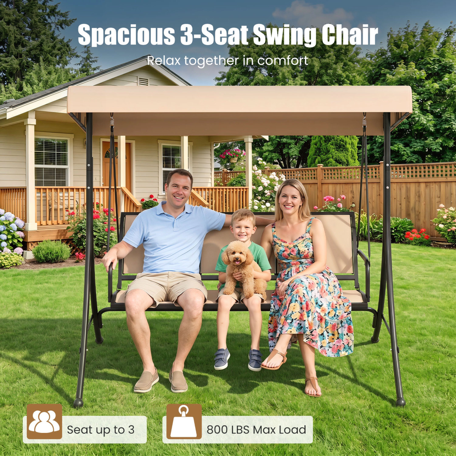 LJG 3-Seat Patio Swing Chair with Adjustable Canopy