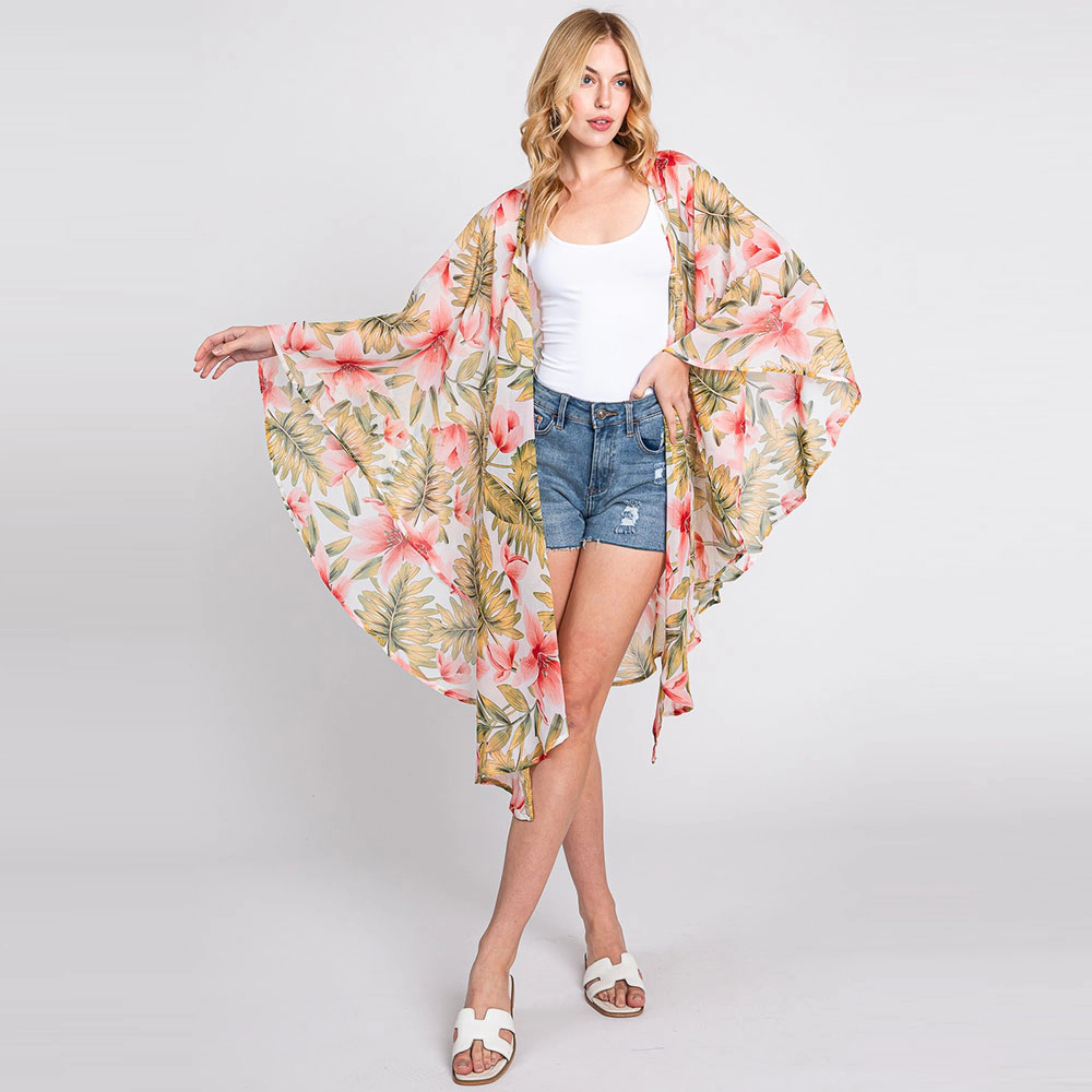 TRUEDAMES Women Tropical Leaves Print Shawl Cover-Up Kimono Poncho