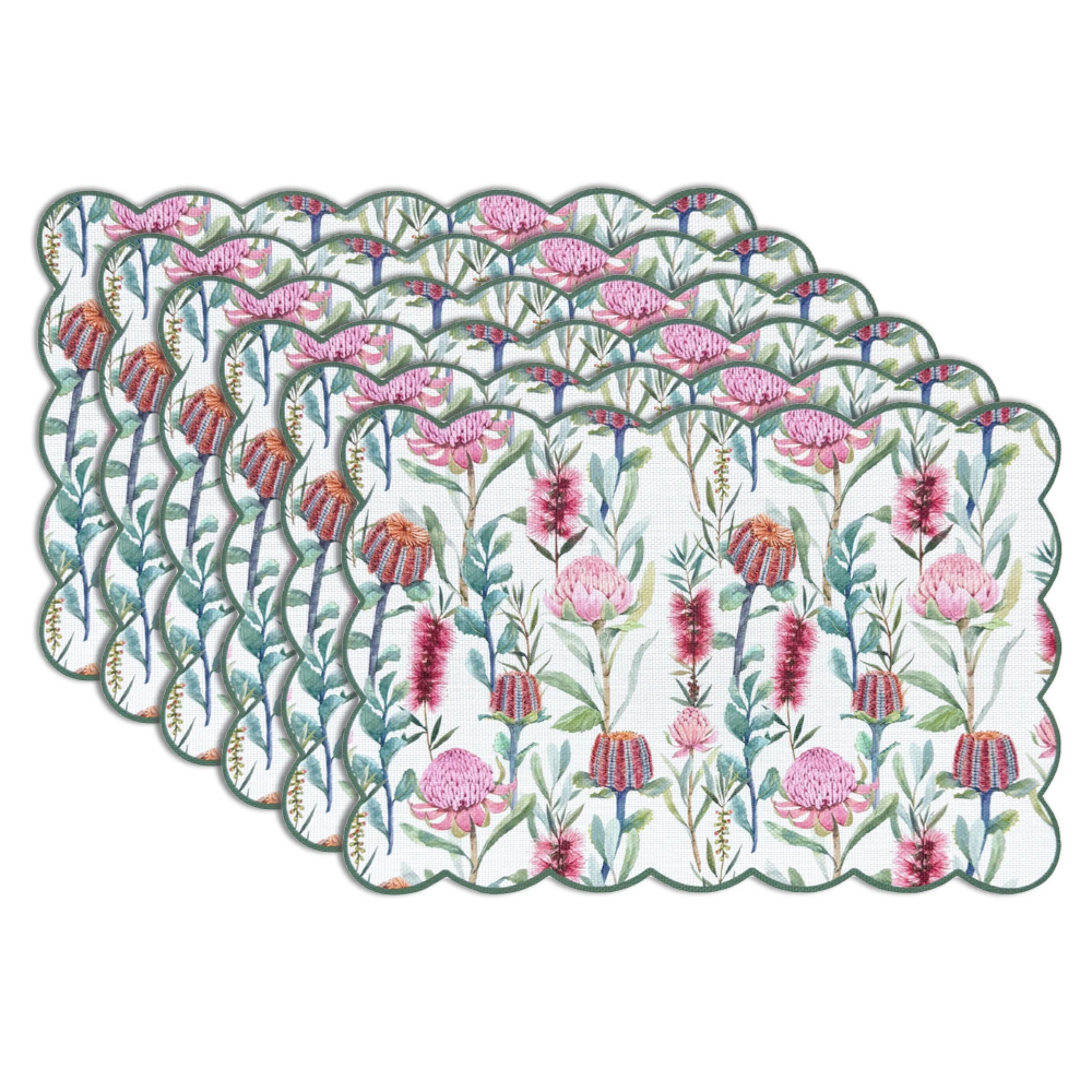 Dainty Home Garden Bloom Woven Vinyl Scalloped Border Reversible 13" x 19" Placemat Set of 6