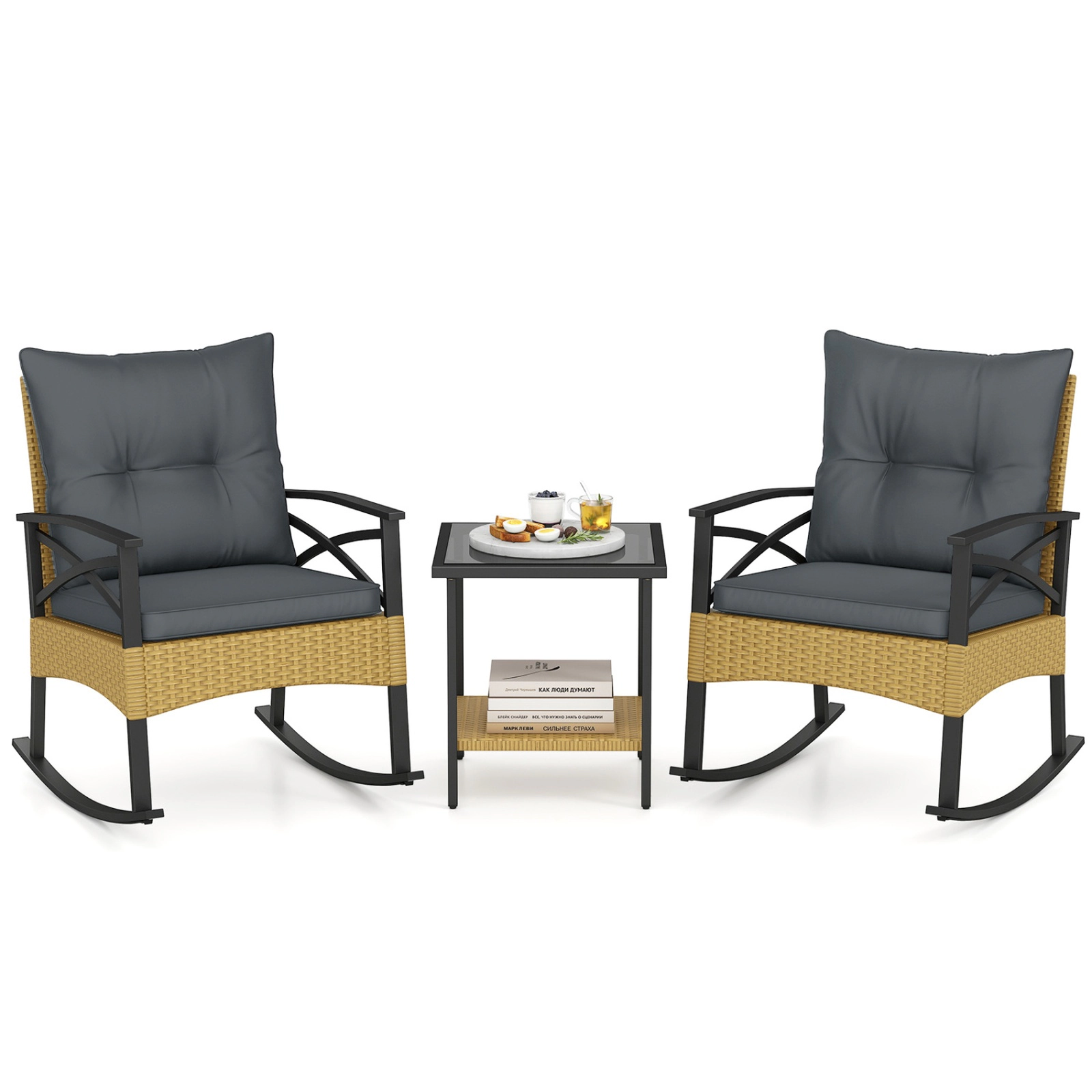 SUGIFT Outdoor Rocking Chair Conversation Set with 2-Tier Side Table 400-Lb Chair Capacity Gray Cushions