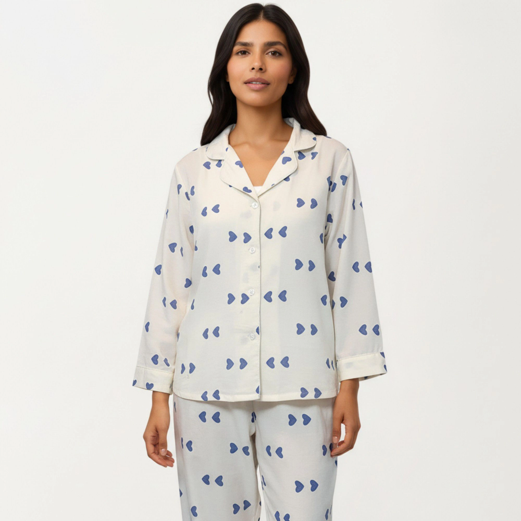 Anna-Kaci Women's 2-Piece Valentine Heart Print Button Front Pajama Top Relaxed Long Sleeves and Elastic Waist Pants