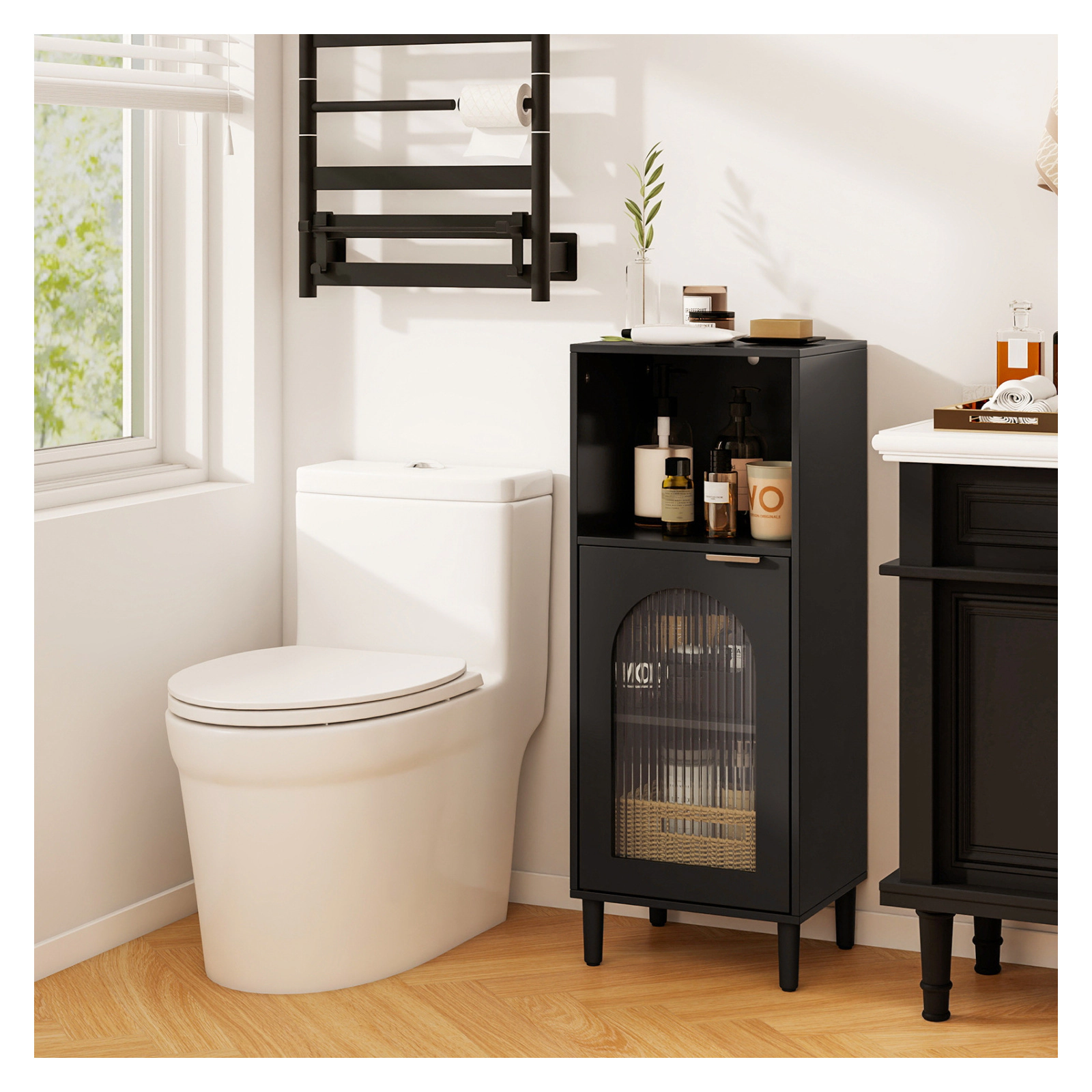 Glintex Bathroom Side Cabinet with Wavy Tempered Glass Door and Solid Wood Legs
