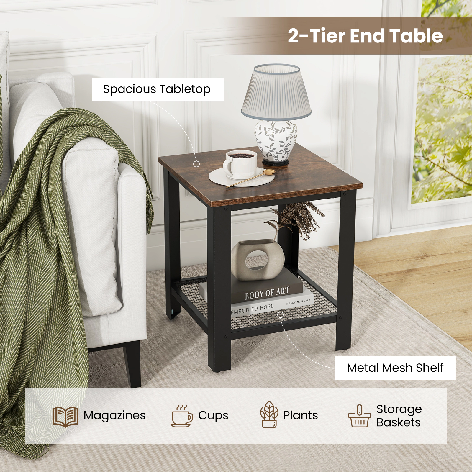 Slickblue Industrial End Table with Lower Mesh Shelf for Living Room Bedroom