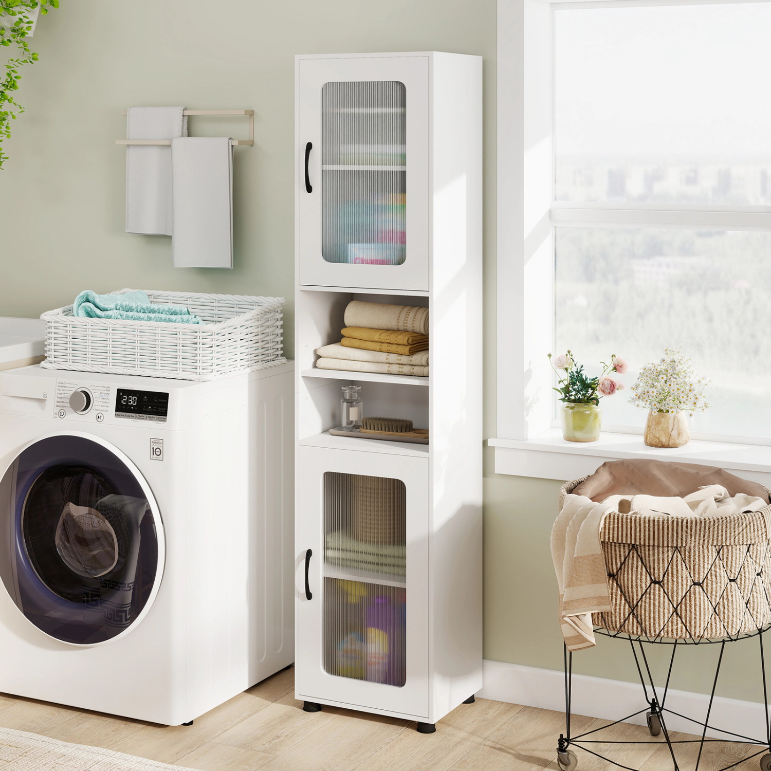 SlickBlue Bathroom Storage Cabinet with Open Shelves and Doors