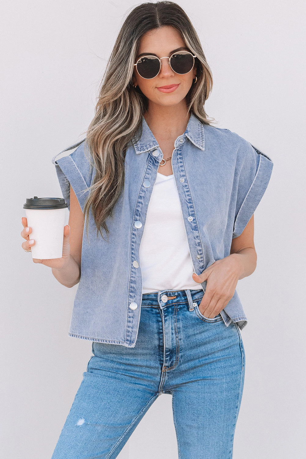 Threaded Pear Women's Emelia Denim Pinup Folded Cap Sleeve Shirt