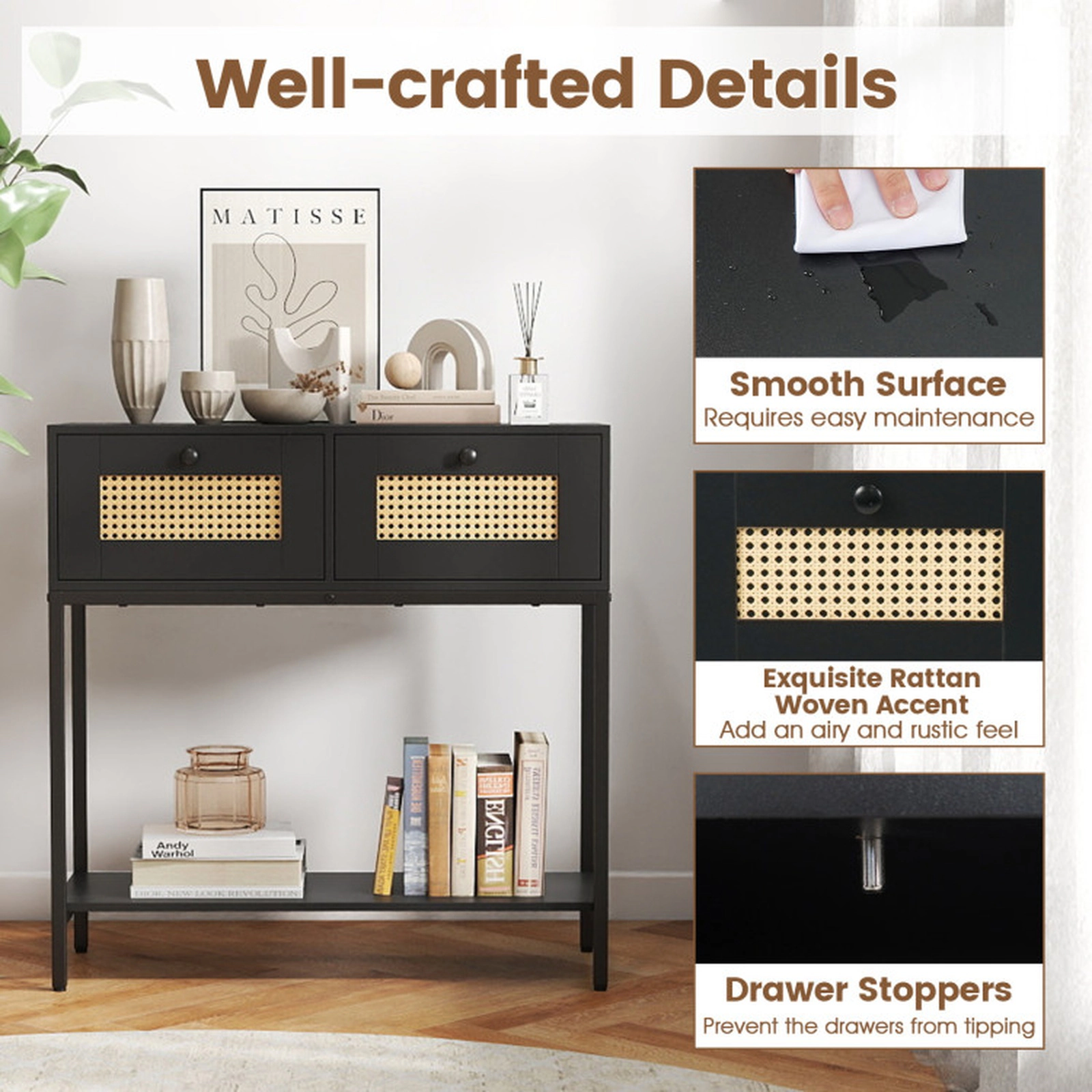 SUGIFT Rattan Console Entryway Table with 2 Drawers and Open Storage Shelf 132-lb Total Capacity 31.5-in Tall Black