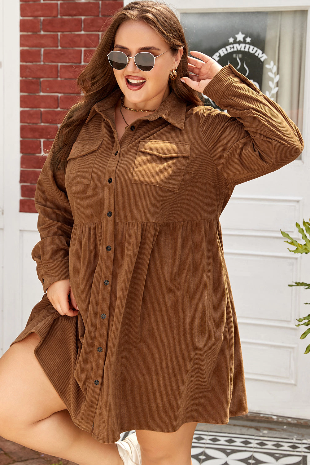 Threaded Pear Women's Galilea Corduroy Full Collared PLUS Shirt
