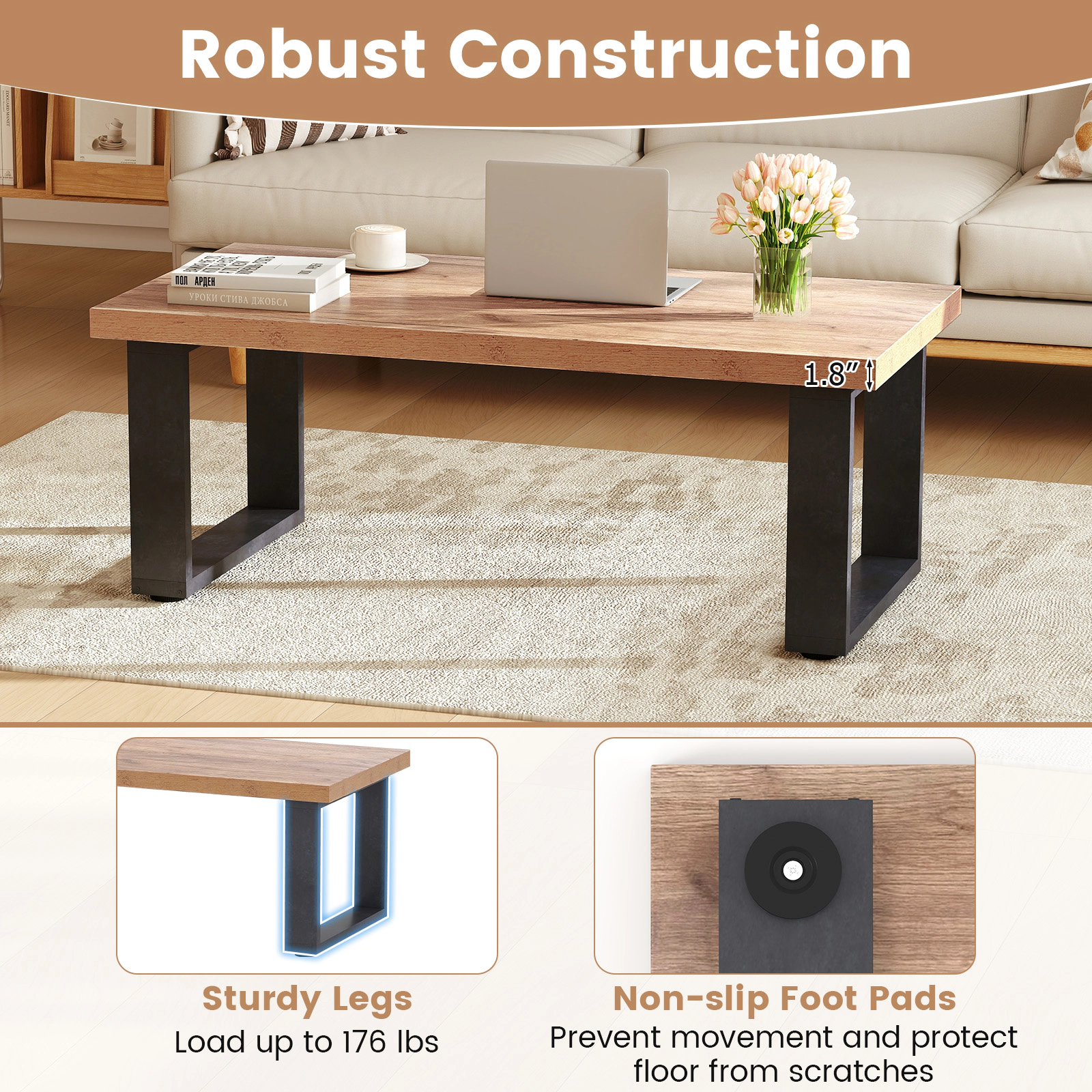 SUGIFT 1.8-in Thick Top Engineered Wood Farmhouse Rustic Coffee Table 47-in x 23-in x 18-in 176-lb Capacity Oak