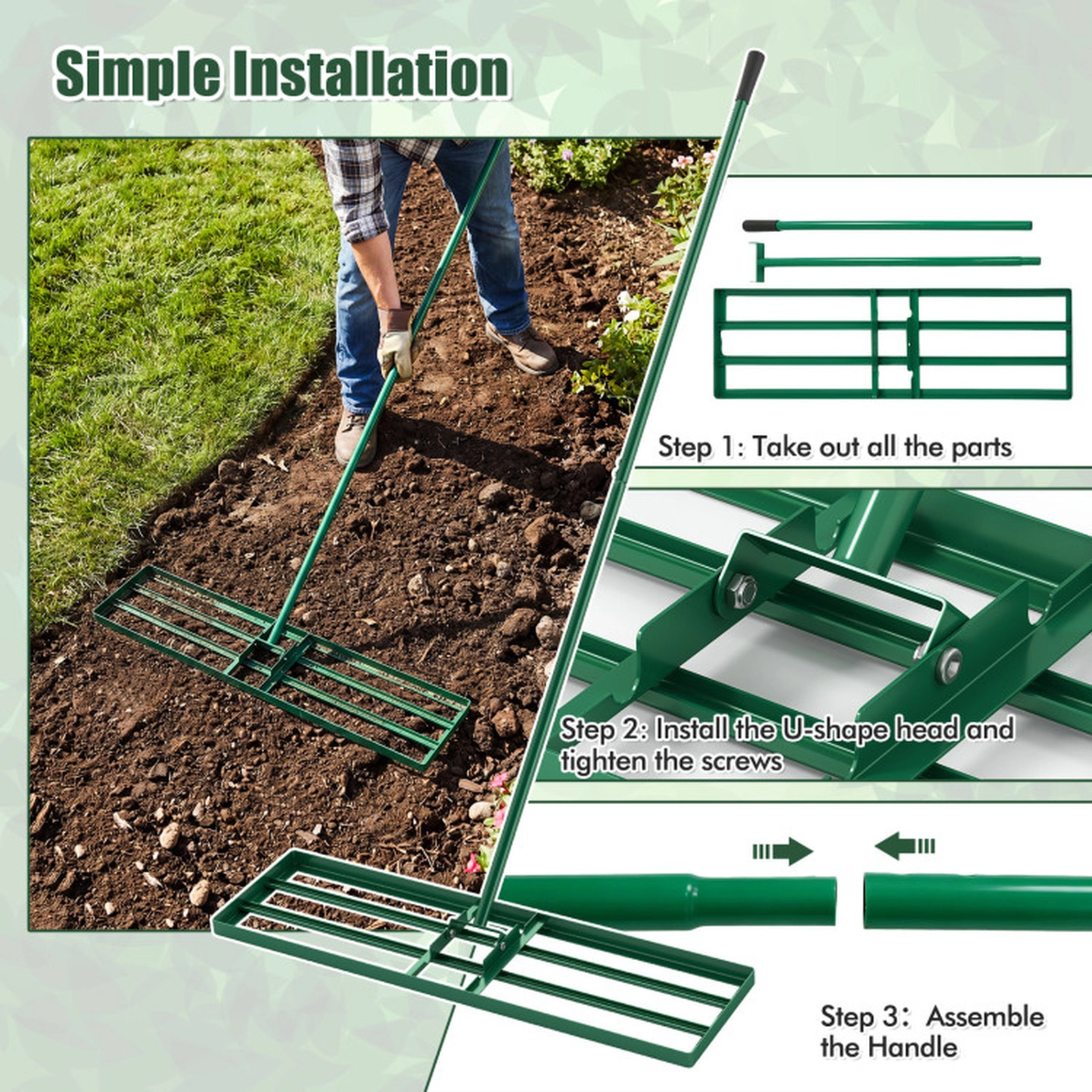 SUGIFT 36 x 10 in Lawn Leveling Rake Multi-Tool with 67-in Ergonomic Handle 13-lb Net Weight Black Silver 1-Piece