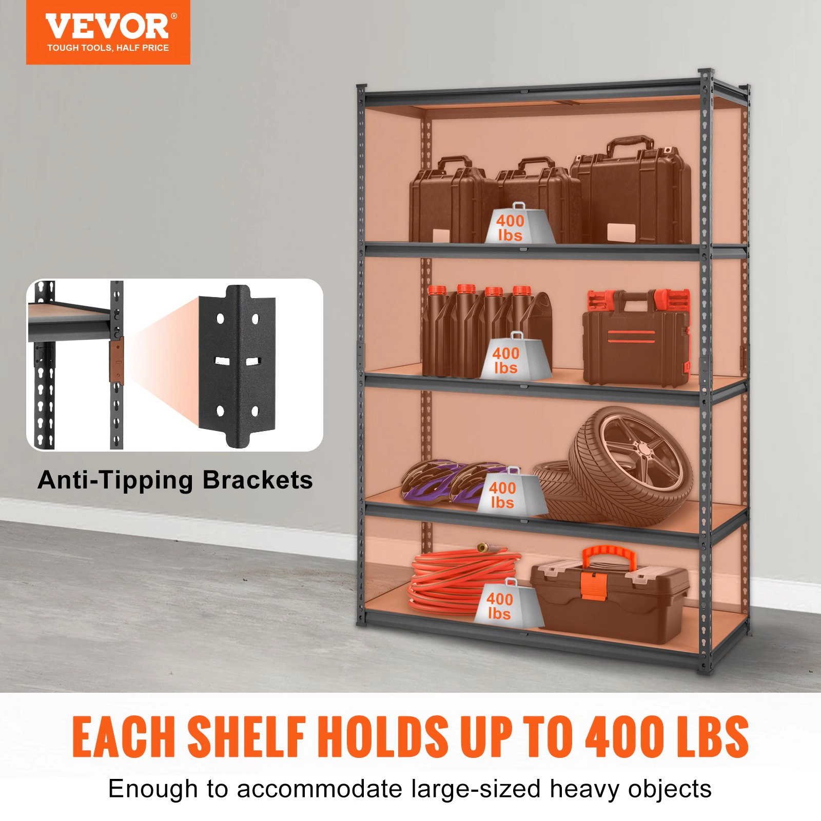 Flynama 5 Tier Heavy Duty Steel Shelving 2000 LBS 72 in H Adjustable Storage Rack for Garage