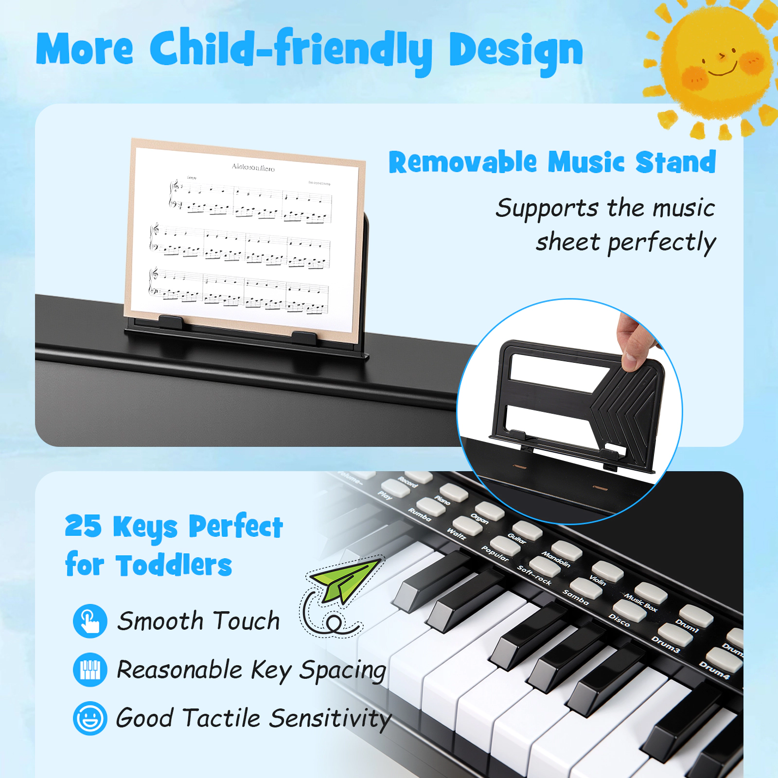 SUGIFT 25-Key Kids Piano Keyboard with Adjustable Volume and Speed Mini Size Ages 3+ with Music Stand Black