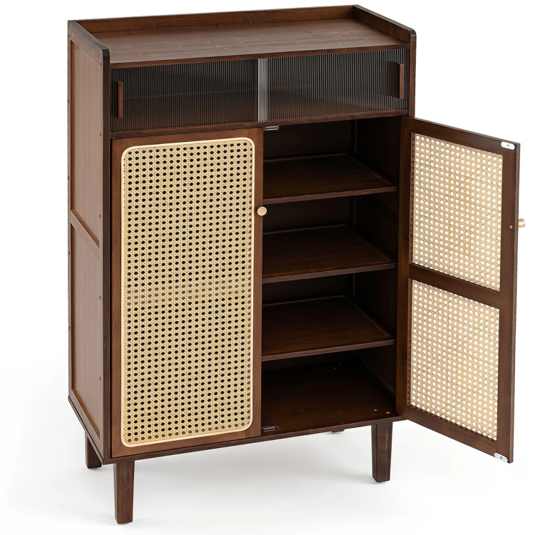 Hivvago 5-Tier Bamboo Shoe Cabinet with Woven Rattan Doors and Sliding Doors for Entryway