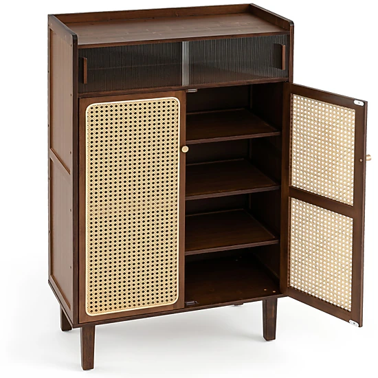 Hivvago 5-Tier Bamboo Shoe Cabinet With Woven Rattan And Sliding Doors