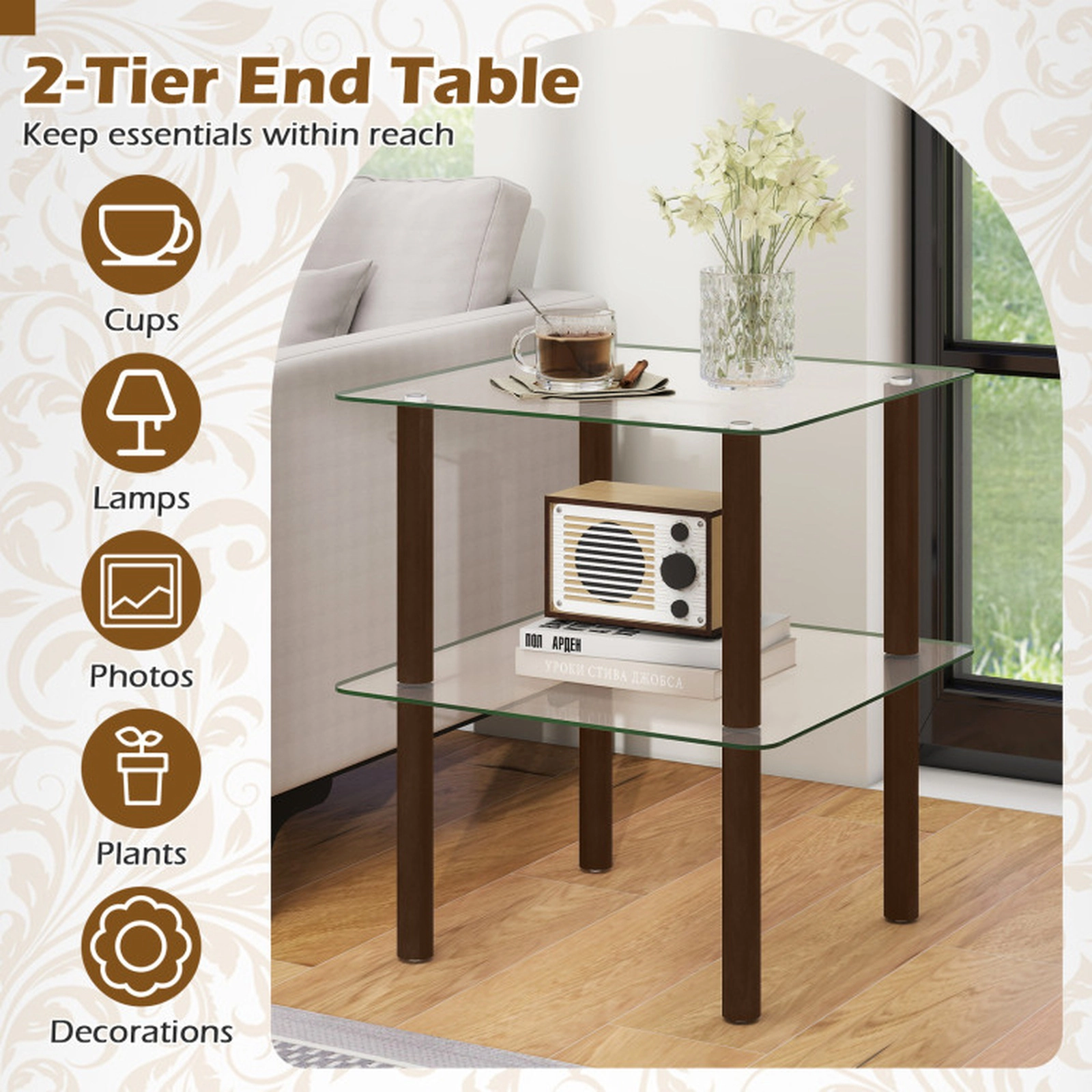 SUGIFT 2-Tier Square End Table with Shelf and Clear Tempered Glass Top 110-lb Capacity 21-in Square Frame Brown