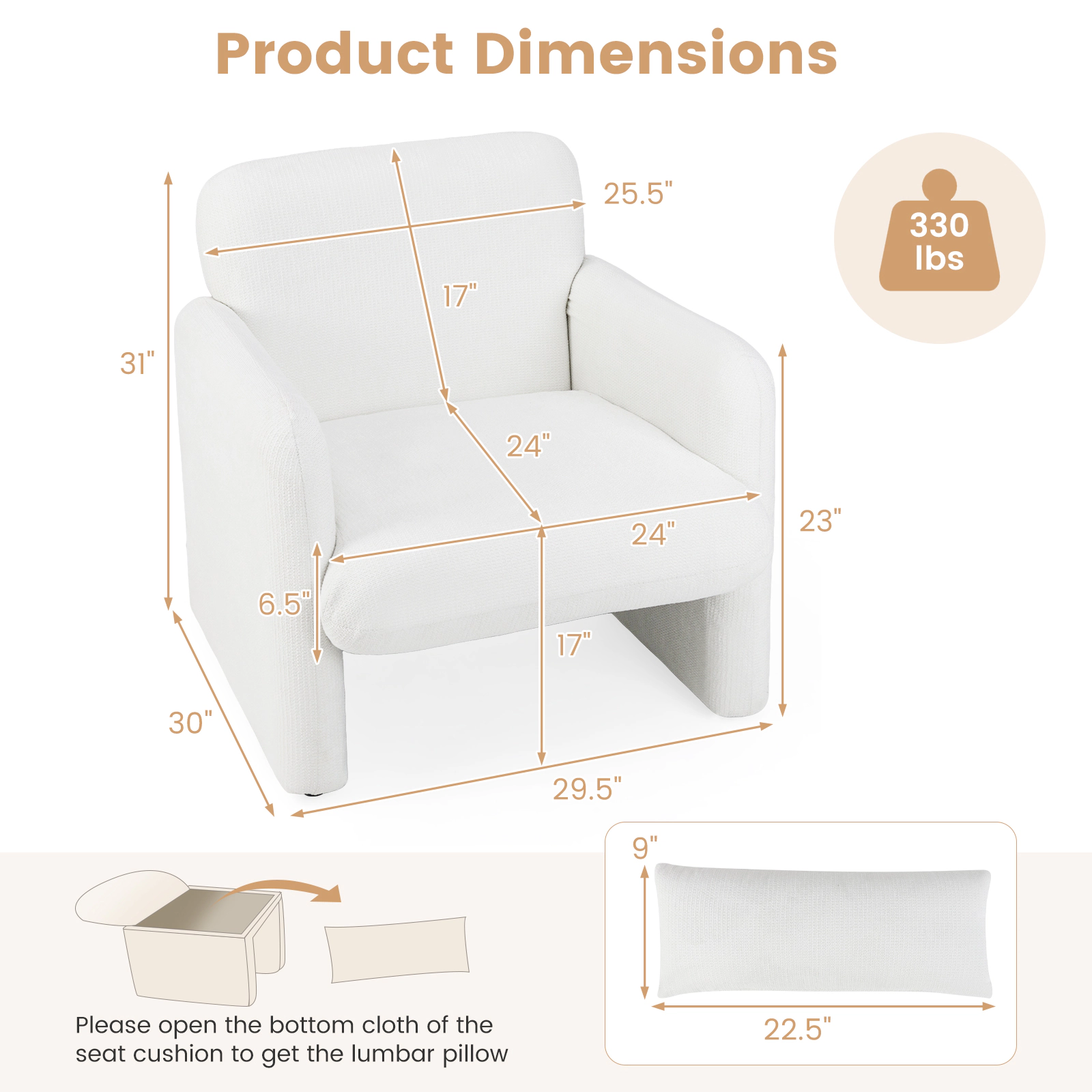 SUGIFT Modern Upholstered Chenille Accent Chair with Removable Lumbar Pillow 330-lb Capacity White