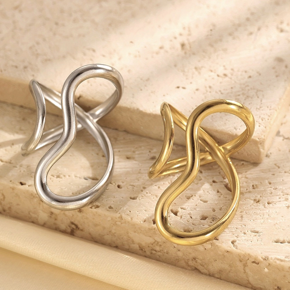 Double Band Wave Open Ring Minimalist Smooth Curved Adjustable Stacking for Women