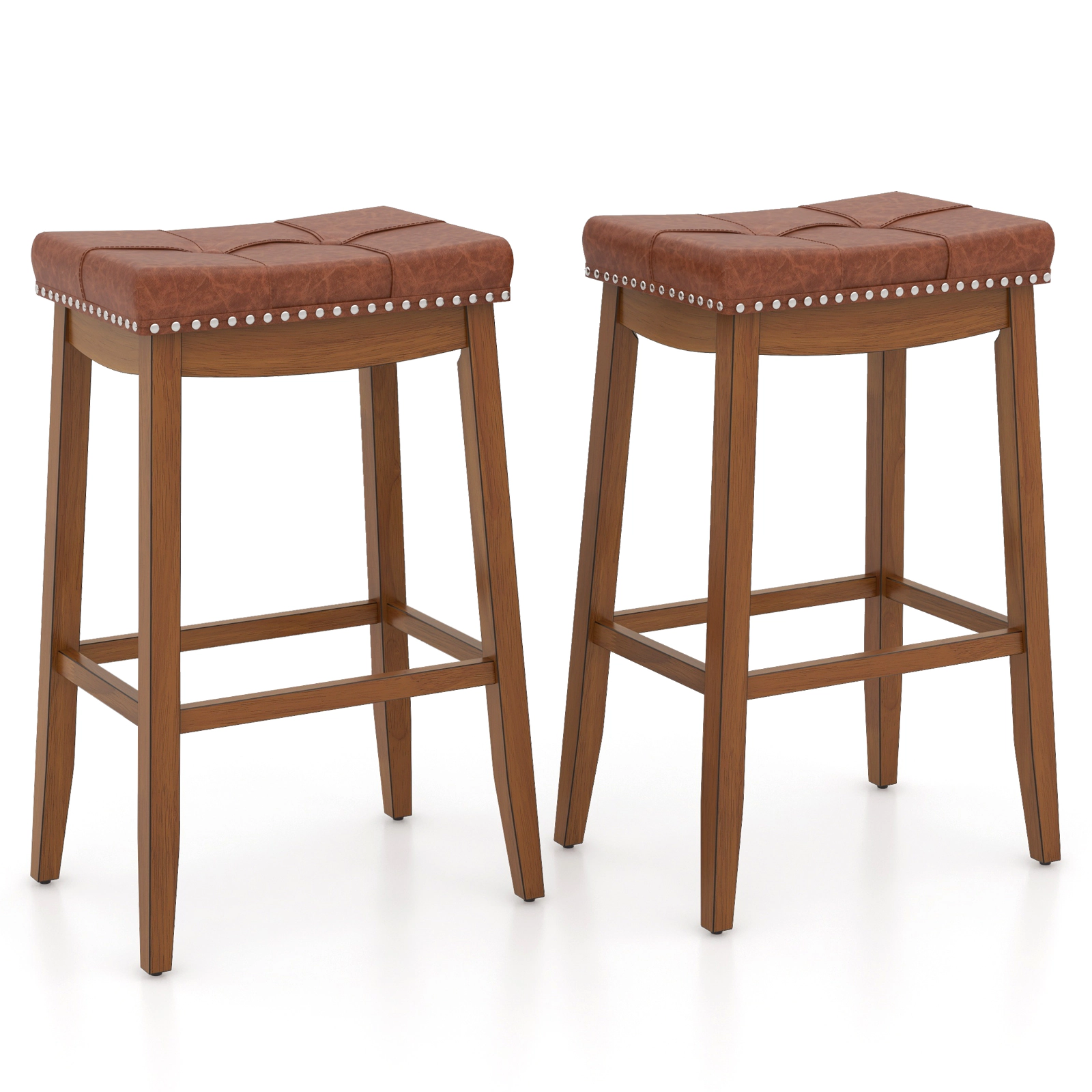 SUGIFT Set of 2 Upholstered PU Leather Saddle Bar Stools 285-lb Capacity 25-in Counter and 29-in Bar Heights Brown