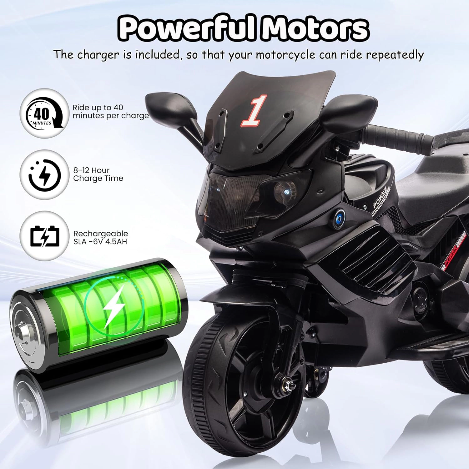 Enjyam 6V Kids Ride On Motorcycle w/Training Wheels, Electric Bike Toy w/Headlight, Horn & Music, Gift for Ages 3-6