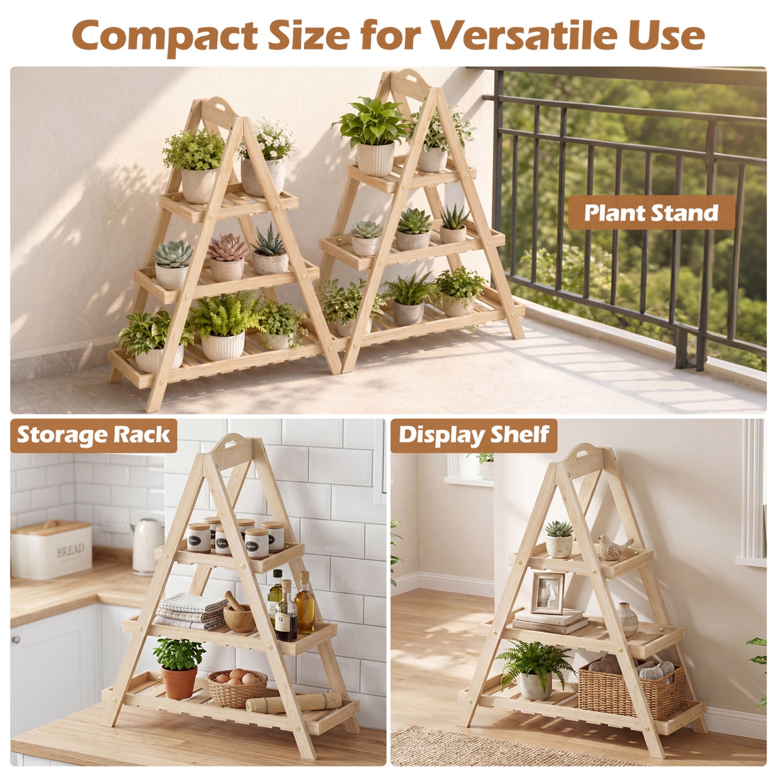 SUGIFT Natural Fir Wood for Balcony 3 Tier Flower Pot Display Shelf Plant Stand