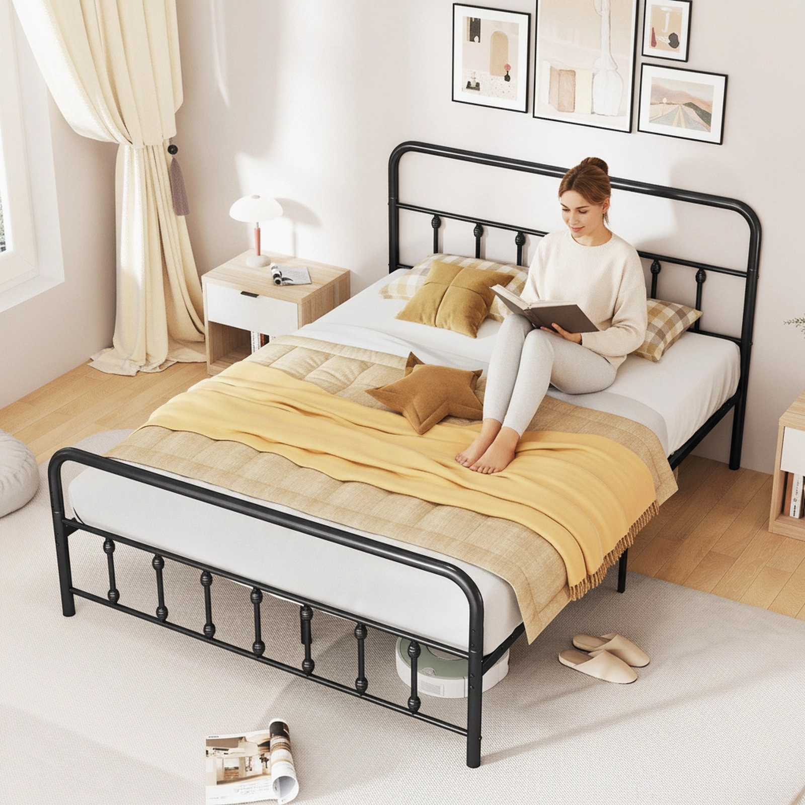 SUGIFT Queen Metal Platform Bed Frame with Victorian Headboard, Footboard and 12.5-in Storage