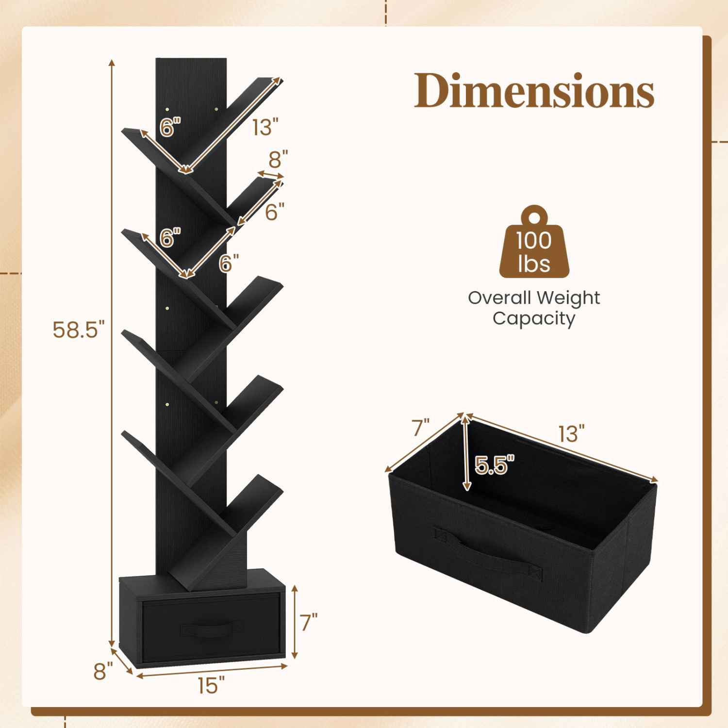 LJG 10-Tier Bookshelf with Drawer Free-Standing Storage Bookcase