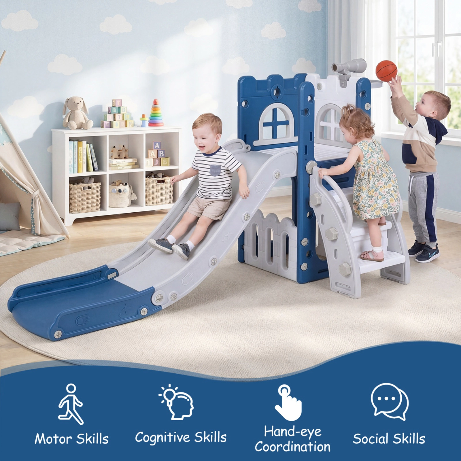 SUGIFT Blue Basketball Hoop and Ladder 6-in-1 Toddler Slide L-Shaped Playground