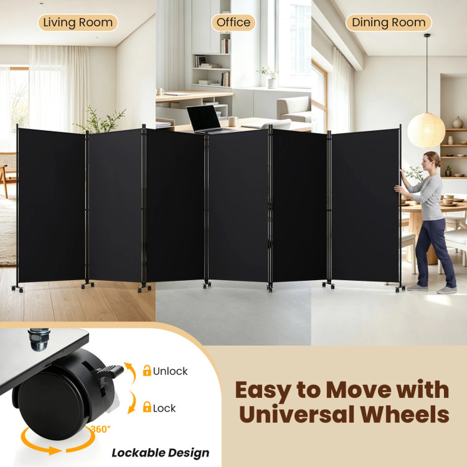 SUGIFT 6-Panel Folding Privacy Screen Room Divider with Wheels 71.5-in Tall 205-in Wide Polyester Fabric Black Coffee