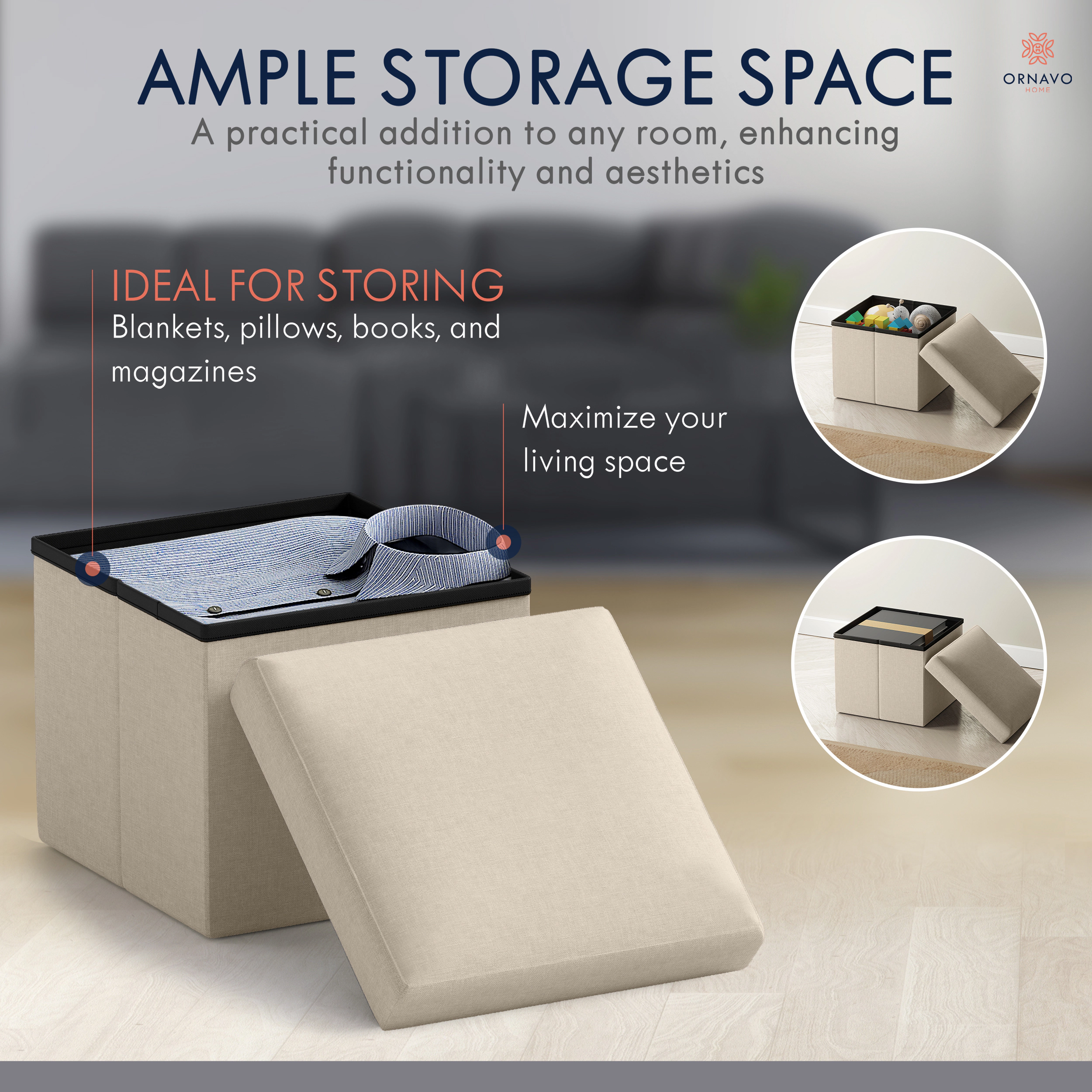 Ornavo Home Collapsible Small 12" Inch Square Storage Ottoman