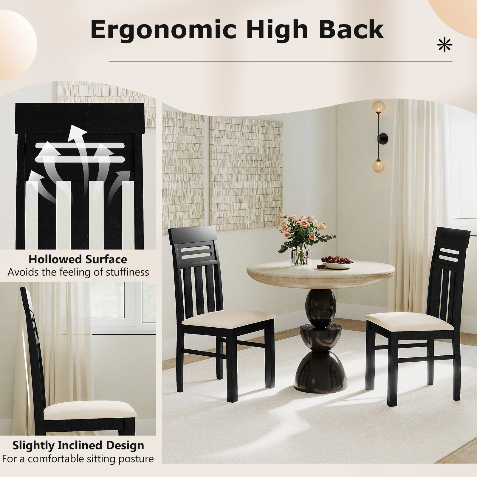 SUGIFT Ergonomic High Back Rubber Wood Dining Chairs with PU Leather Seat 330-Lb Capacity Set of 2 Black