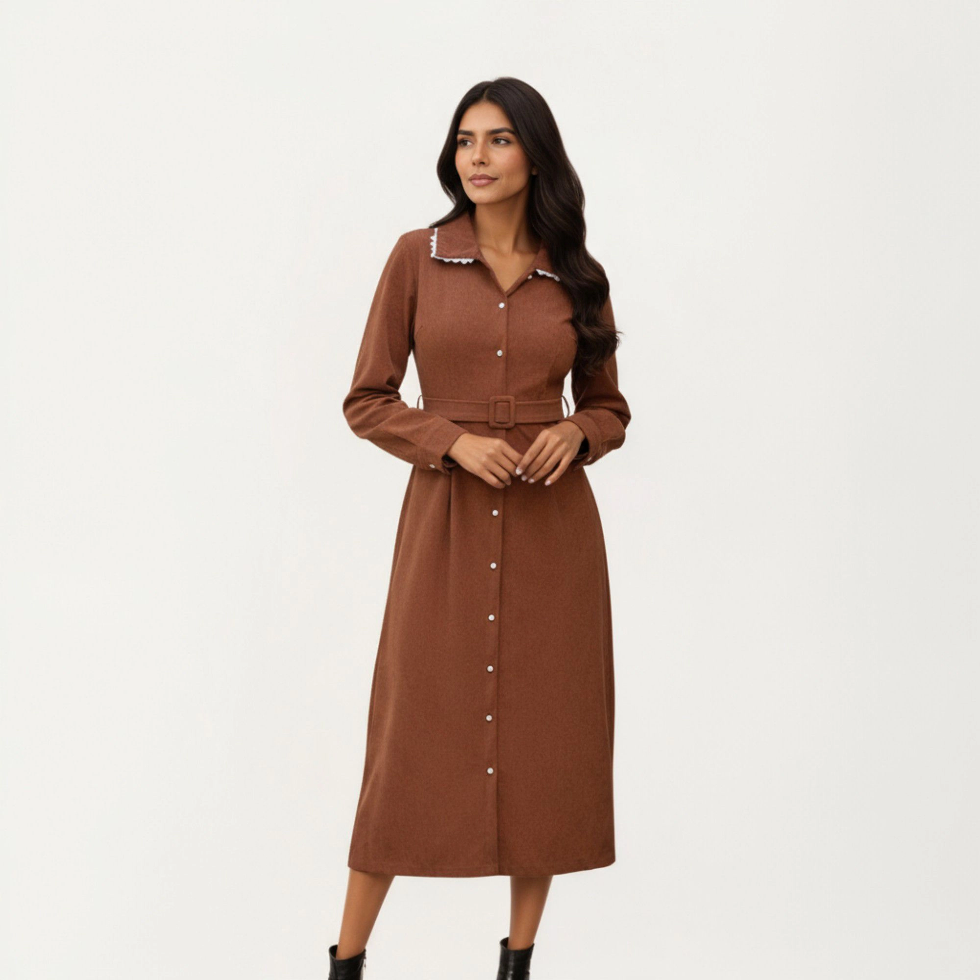 Anna-Kaci Women's Long Sleeve Button Front Belted Waist Trimmed Collar Midi Dress