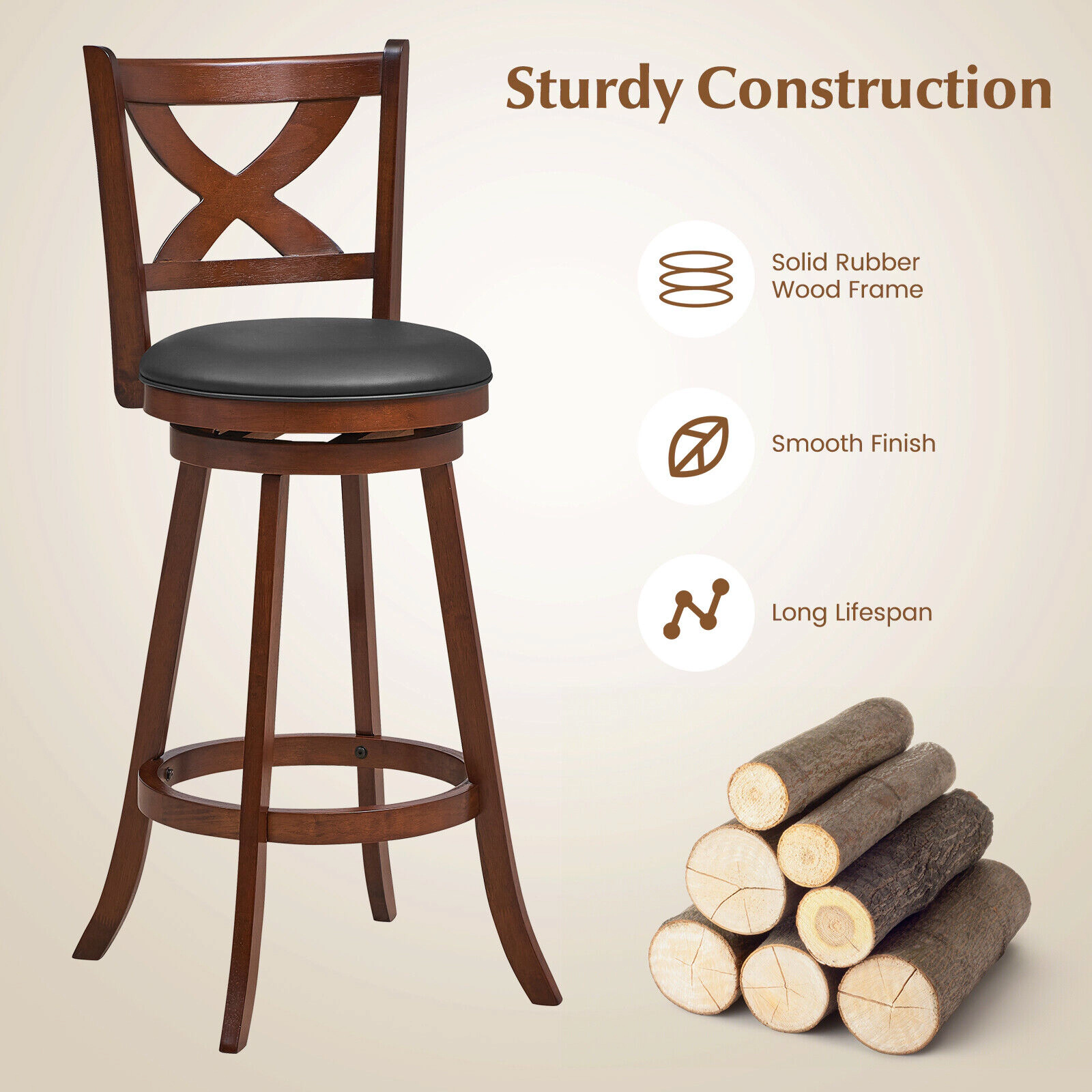 Glintex 2-Piece 30-Inch Swivel Bar Stool Set with X-Shaped Open Back, Brown